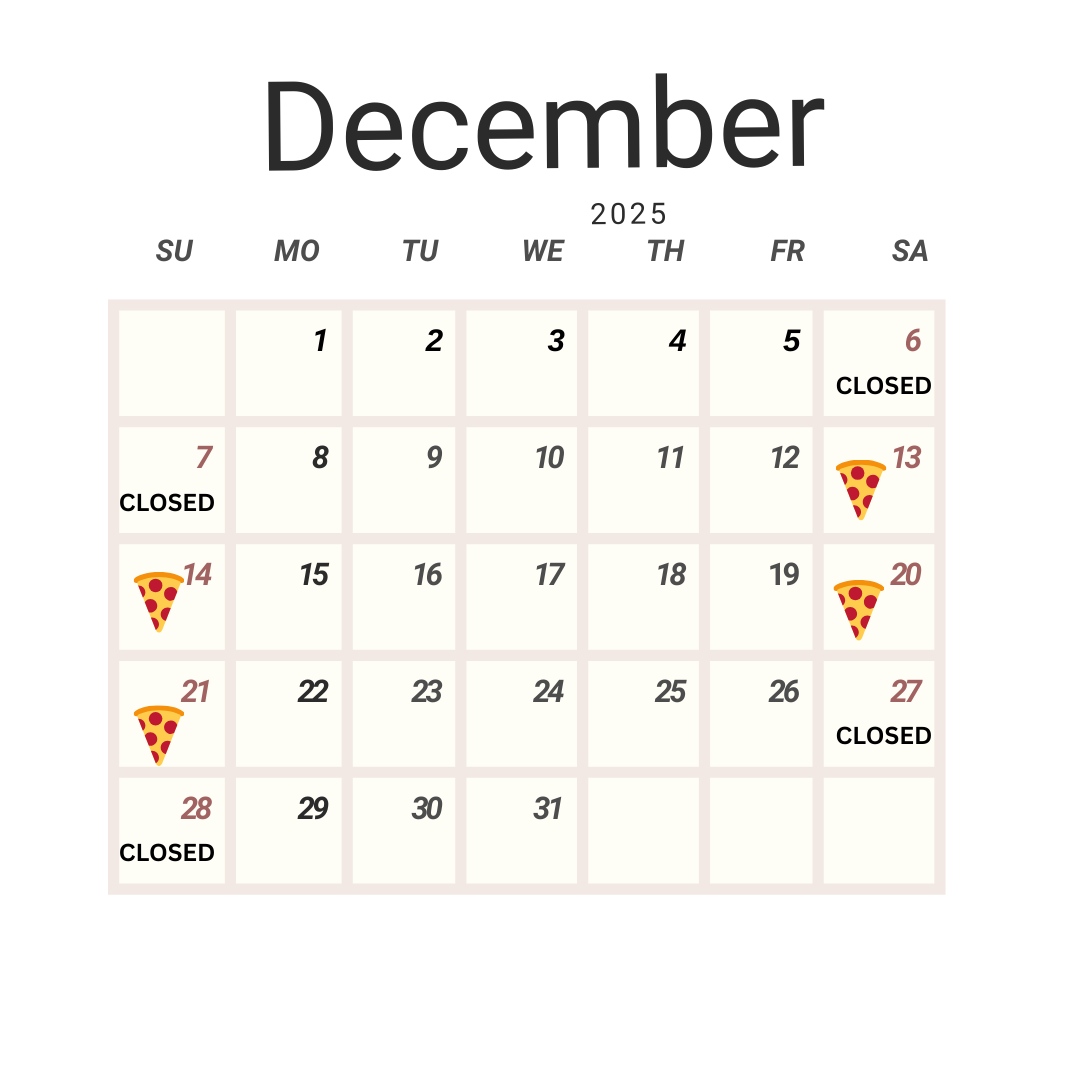 PizzAria December 2025 Calendar