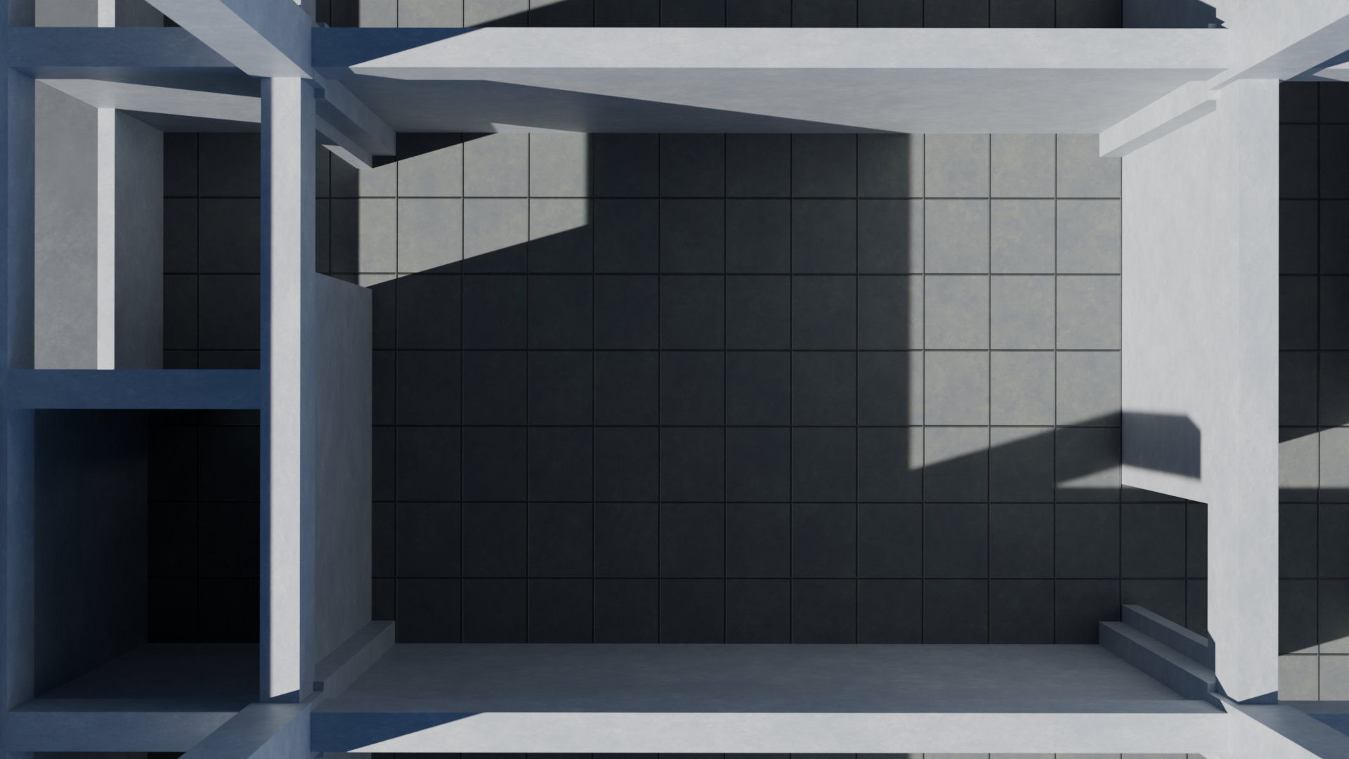 Top-down view of a modern, minimalist architectural structure with white walls, open spaces, and gray tiled flooring, casting shadows.