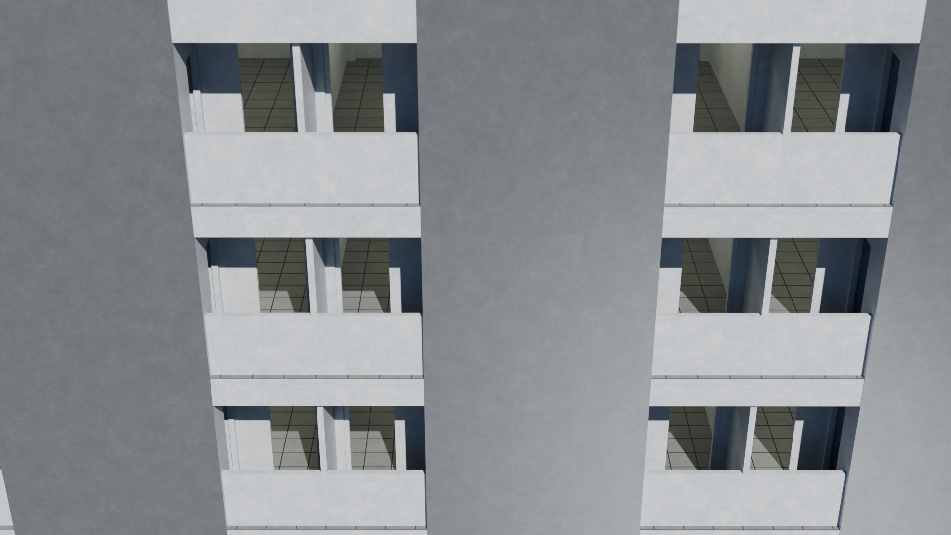 Top-down view of a multi-story concrete building with balconies and interior tiled floors visible through open walls.