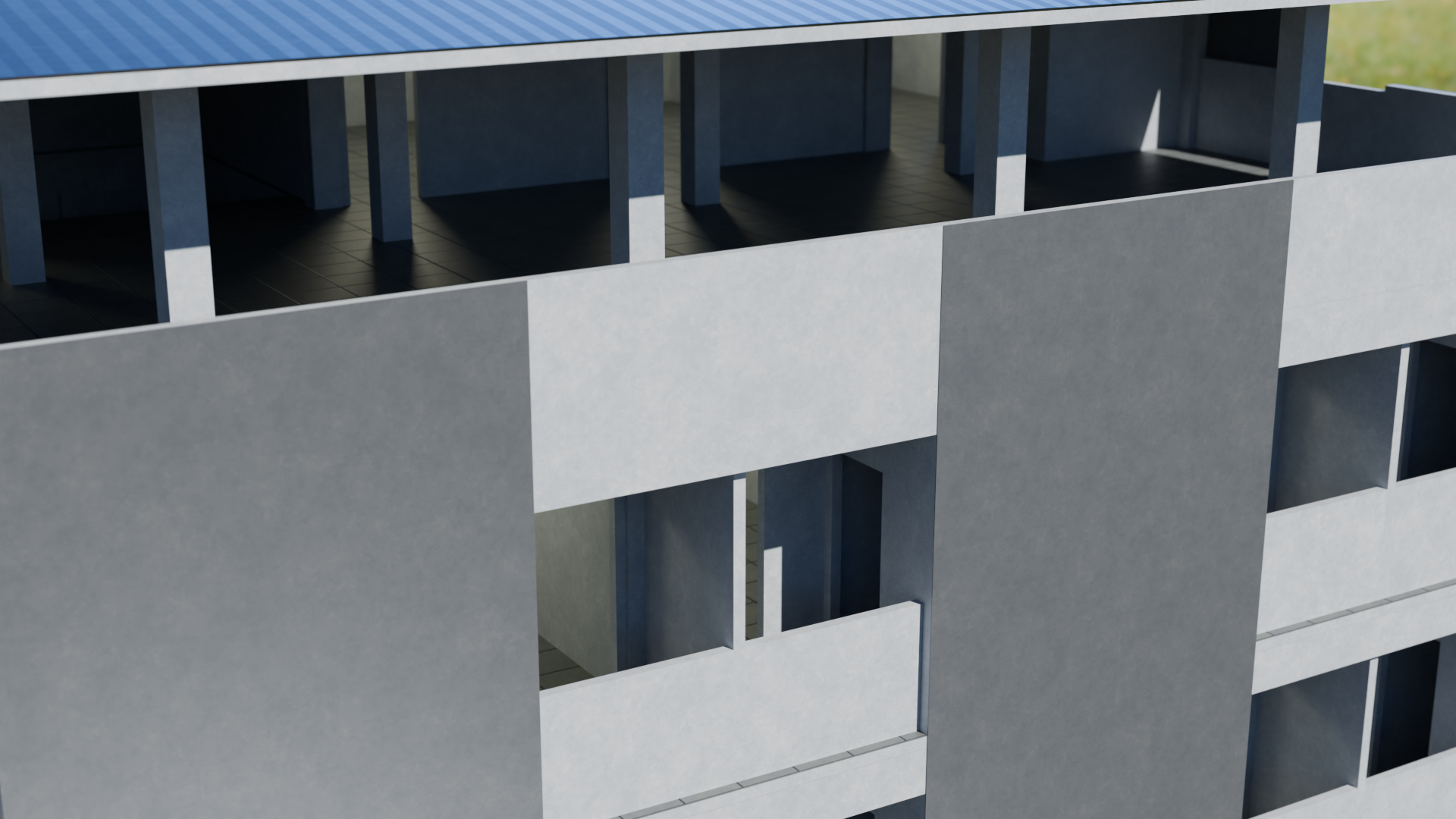 Close-up of a modern building's exterior with concrete panels and open balconies.