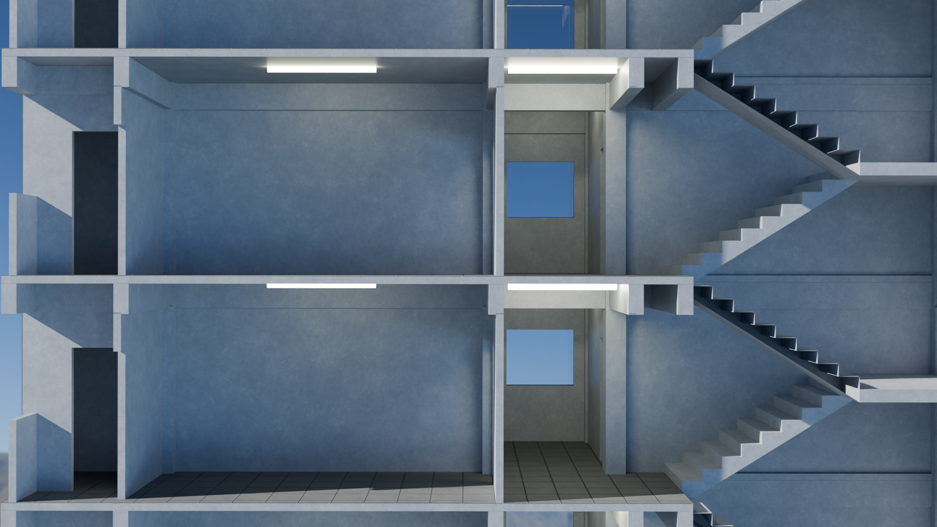 A digital rendering of the interior of a modern apartment building showing staircases and hallways. The scene features multiple floors with visible staircases on both sides, illuminated walkways, and plain blue and gray walls with windows.