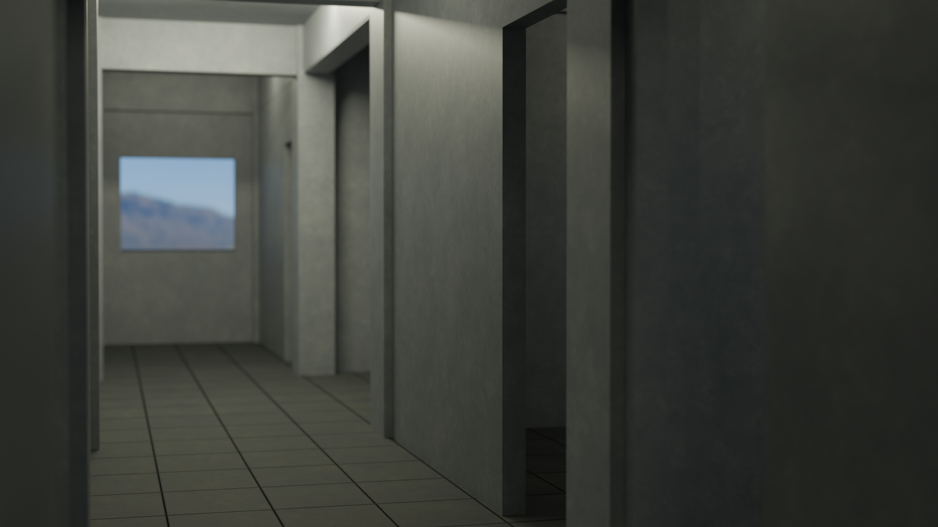 Indoor hallway with tiled floor, grey walls, and bathroom stalls; window showing distant mountains in the background.