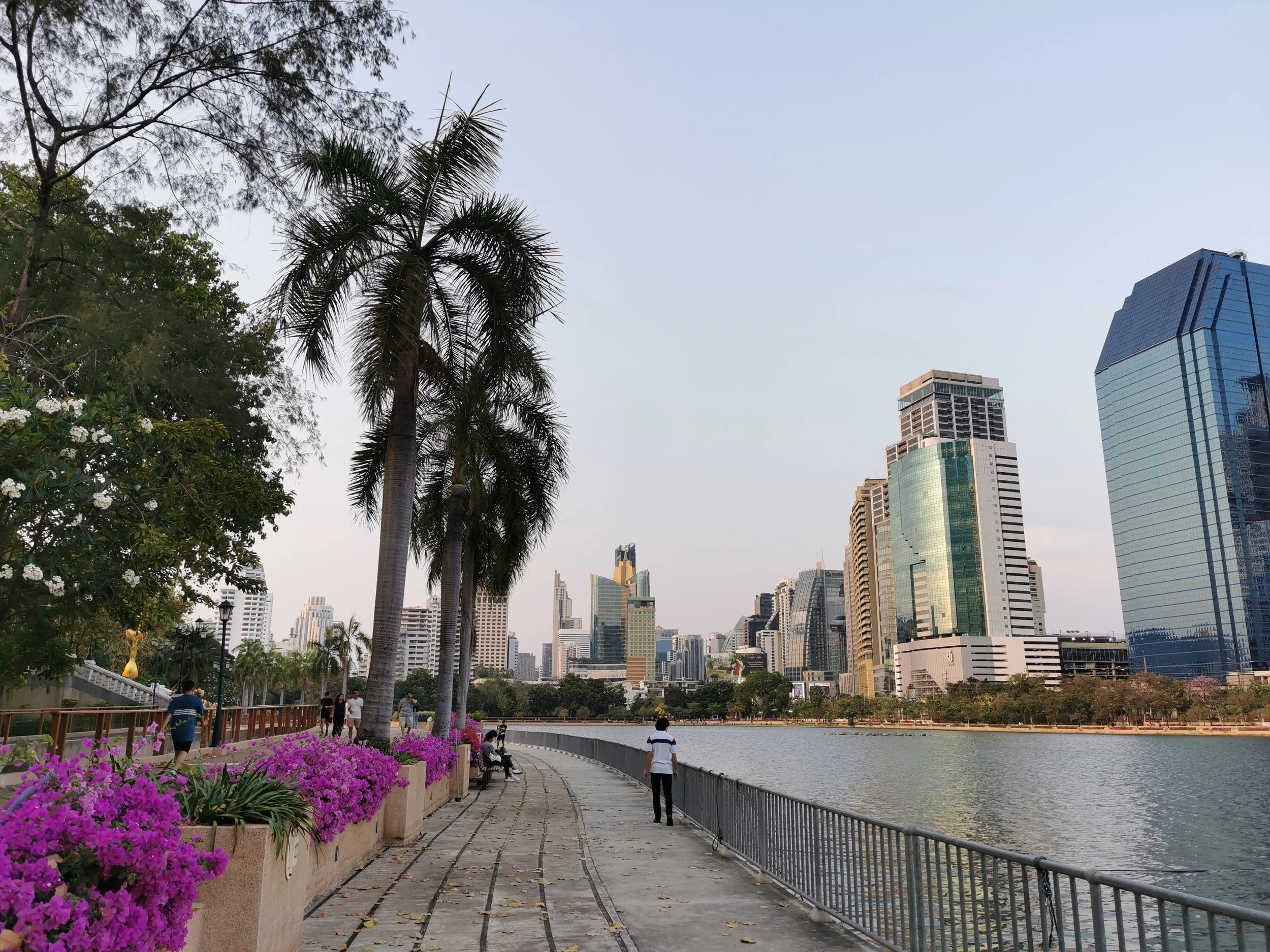 A park with a pathway next to a body of water, lined with pink flowers and trees, with tall modern skyscrapers in the background under a clear sky.