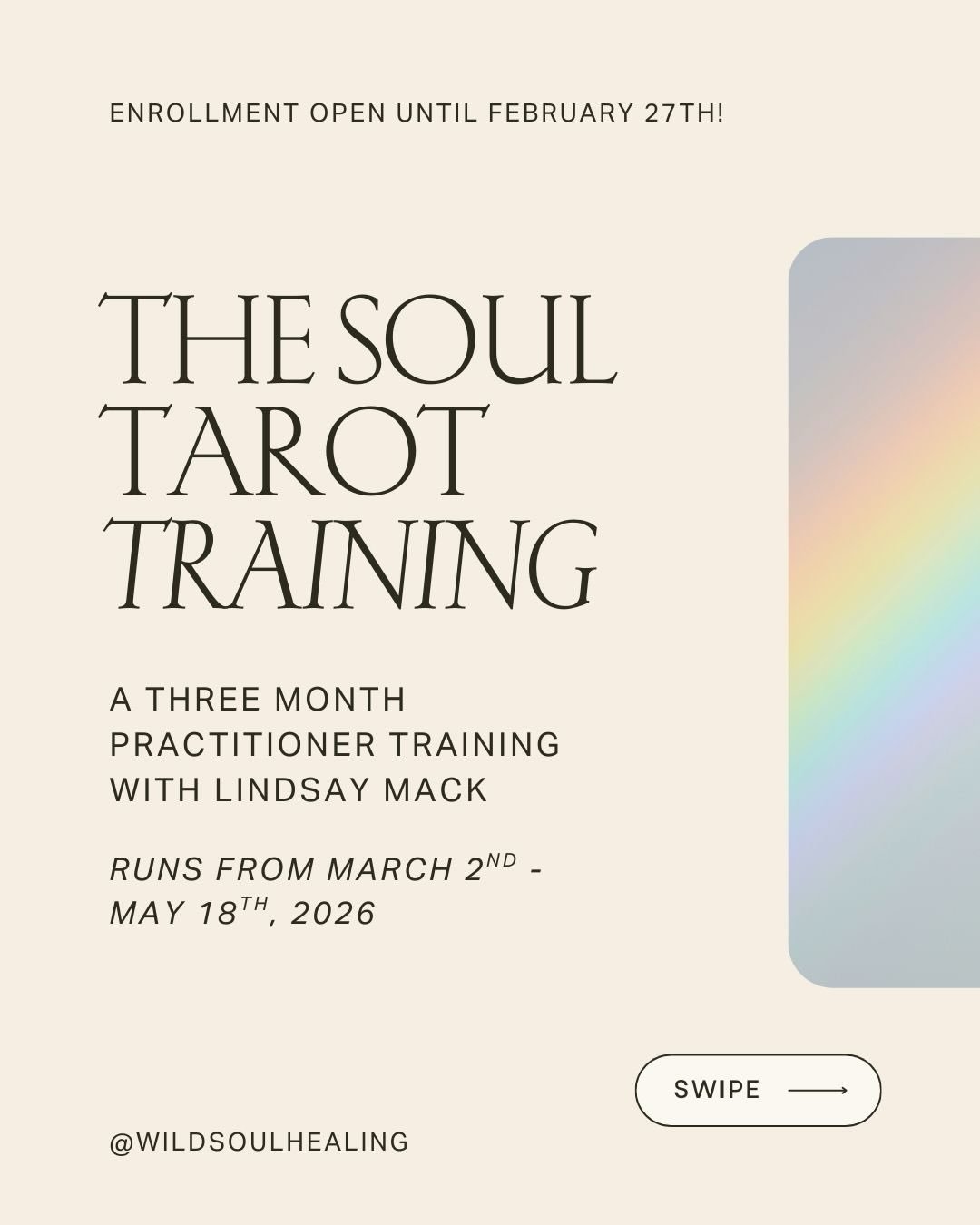 Join me for The Soul Tarot Training, a 12-week sacred journey into the art, practice, and craft of Soul Tarot, one that will assist you in being able to hold beautiful space for your clients, offer trauma-sensitive Tarot readings, and open to your ow