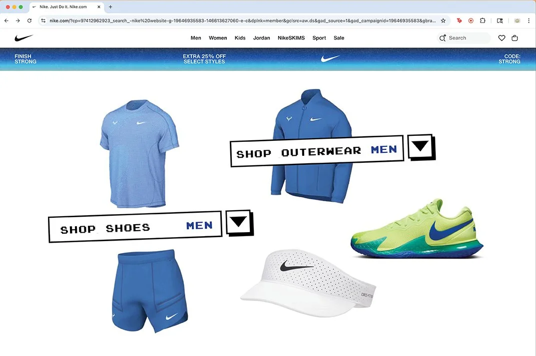 Screenshot of a Nike online store homepage featuring men's athletic wear and shoes. The display includes a light blue short-sleeve shirt, a blue jacket, a pair of yellow and green running shoes with a blue Nike swoosh, white Nike tennis visor, and blue Nike shorts. Navigation options for men's outerwear and shoes are visible along with promotional text.