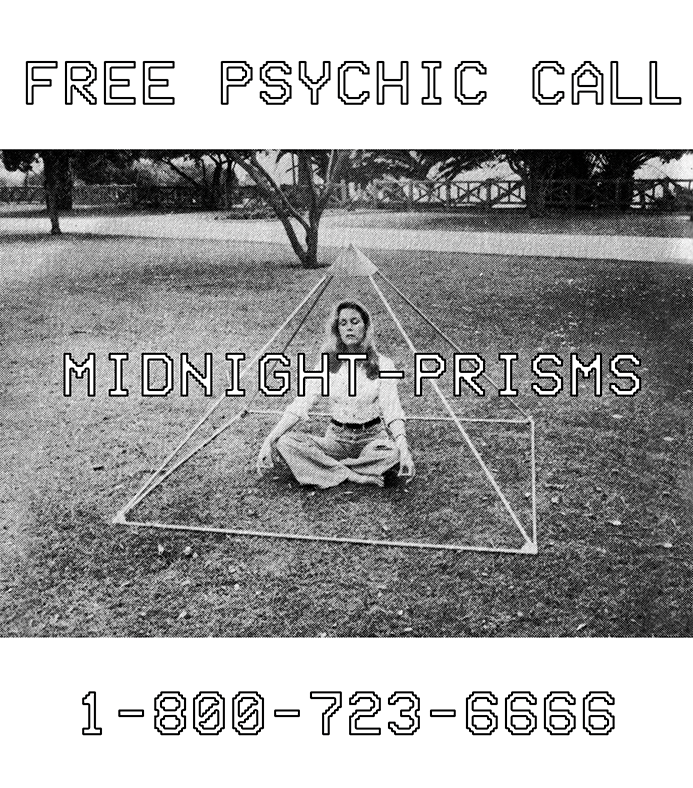 A person sitting cross-legged on the grass inside a geometric outline of a pyramid with text advertising a free psychic call for midnight-prisms and a phone number.