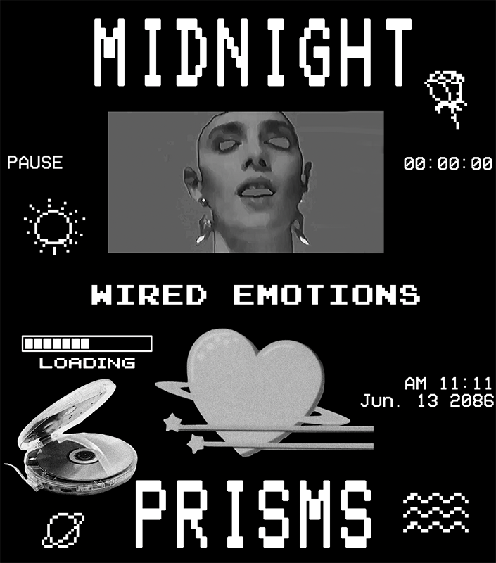 Digital collage with the word 'Midnight' at the top, a grayscale photo of a woman with a contemplative expression in the center, a heartbeat symbol, a loading bar, a CD player, a heart with attached planes, and the words 'Wired Emotions' and 'Prisms' with wave symbols, date, and time.