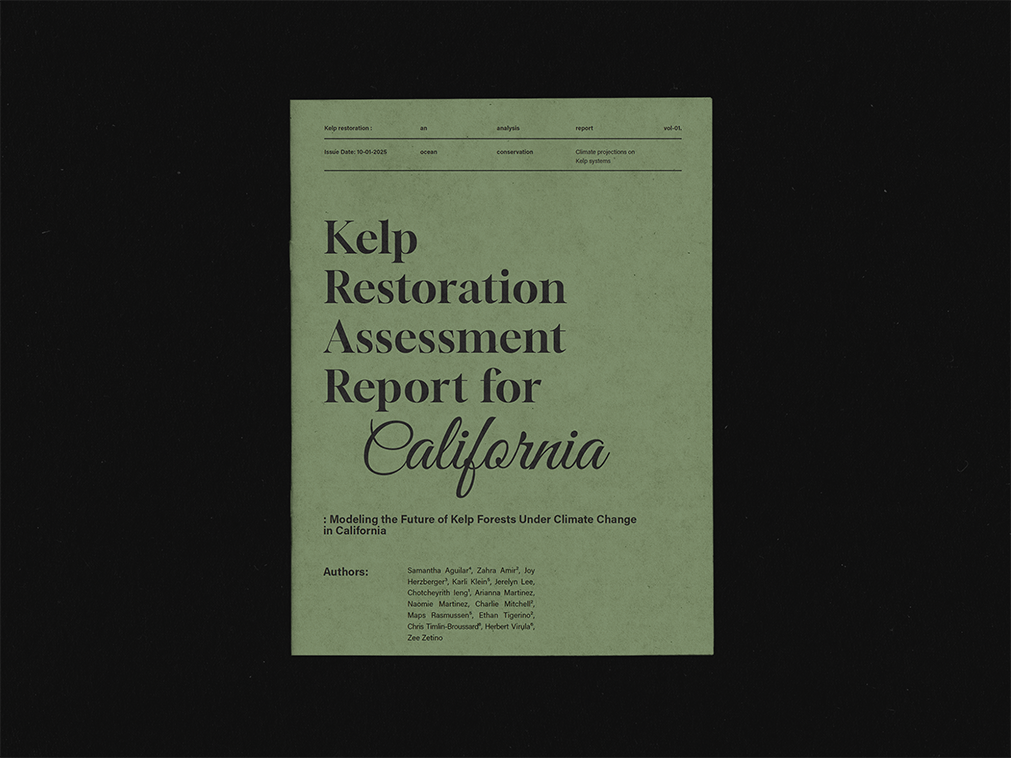 Green report cover titled 'Kelp Restoration Assessment Report for California' with authors listed below.