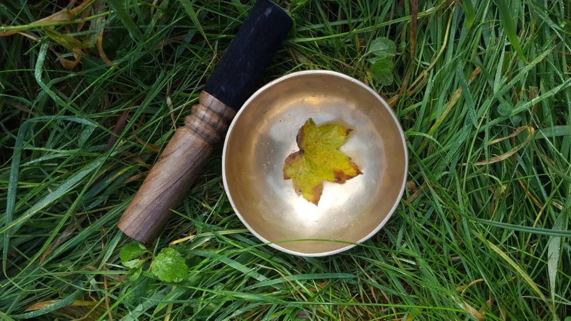 A Tibetan singing bowl with a small green and brown leaf inside, placed on grass next to a wooden and black mallet.