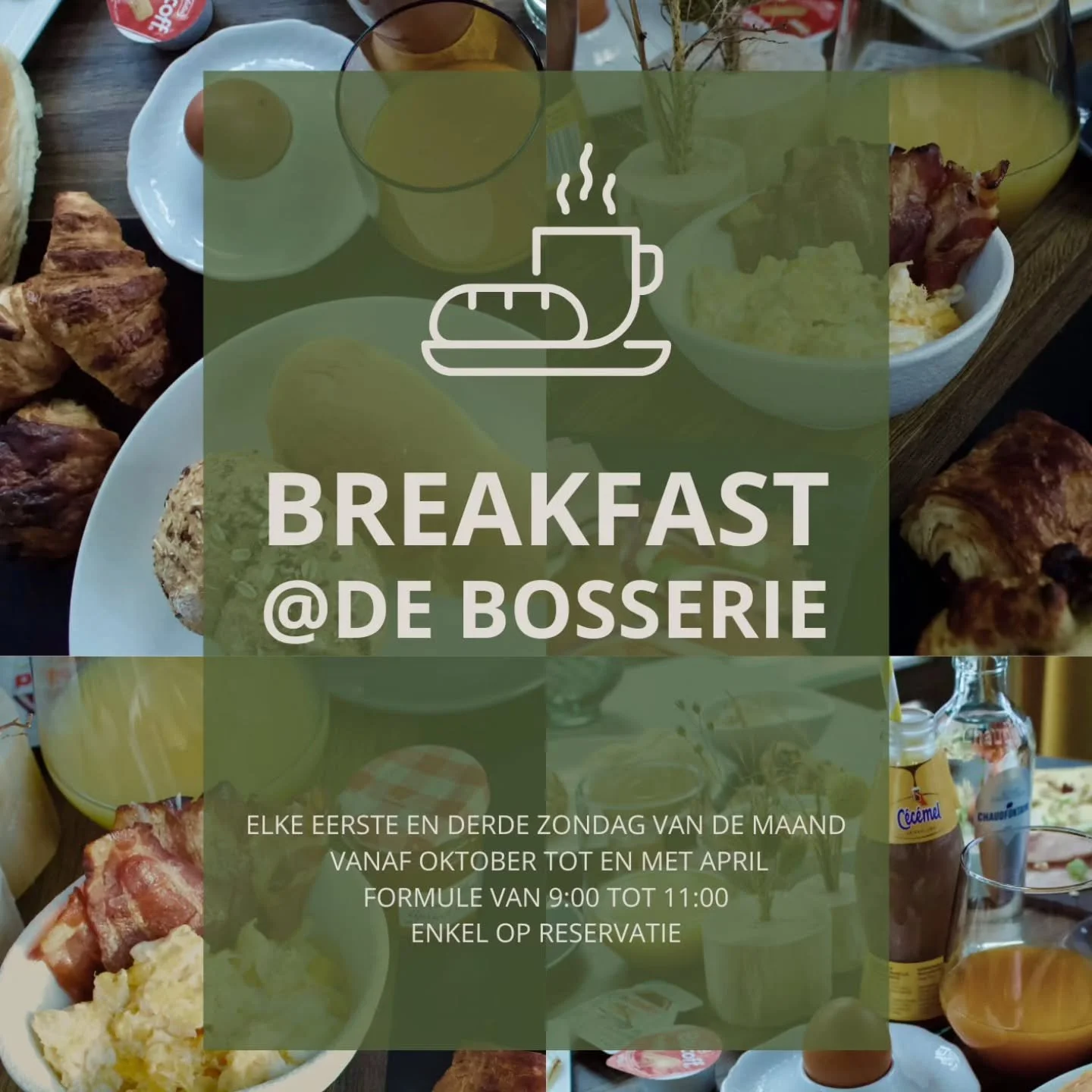 Vanaf oktober is het terug zo ver. 
BREAKFAST @DE BOSSERIE!! 

Iedere eerste en derde zondag van de maand kan je hier gezellig tafelen en genieten van ons ontbijtbuffet. 

Voor meer informatie of een reservatie kan je bij ons terecht via een chatberi