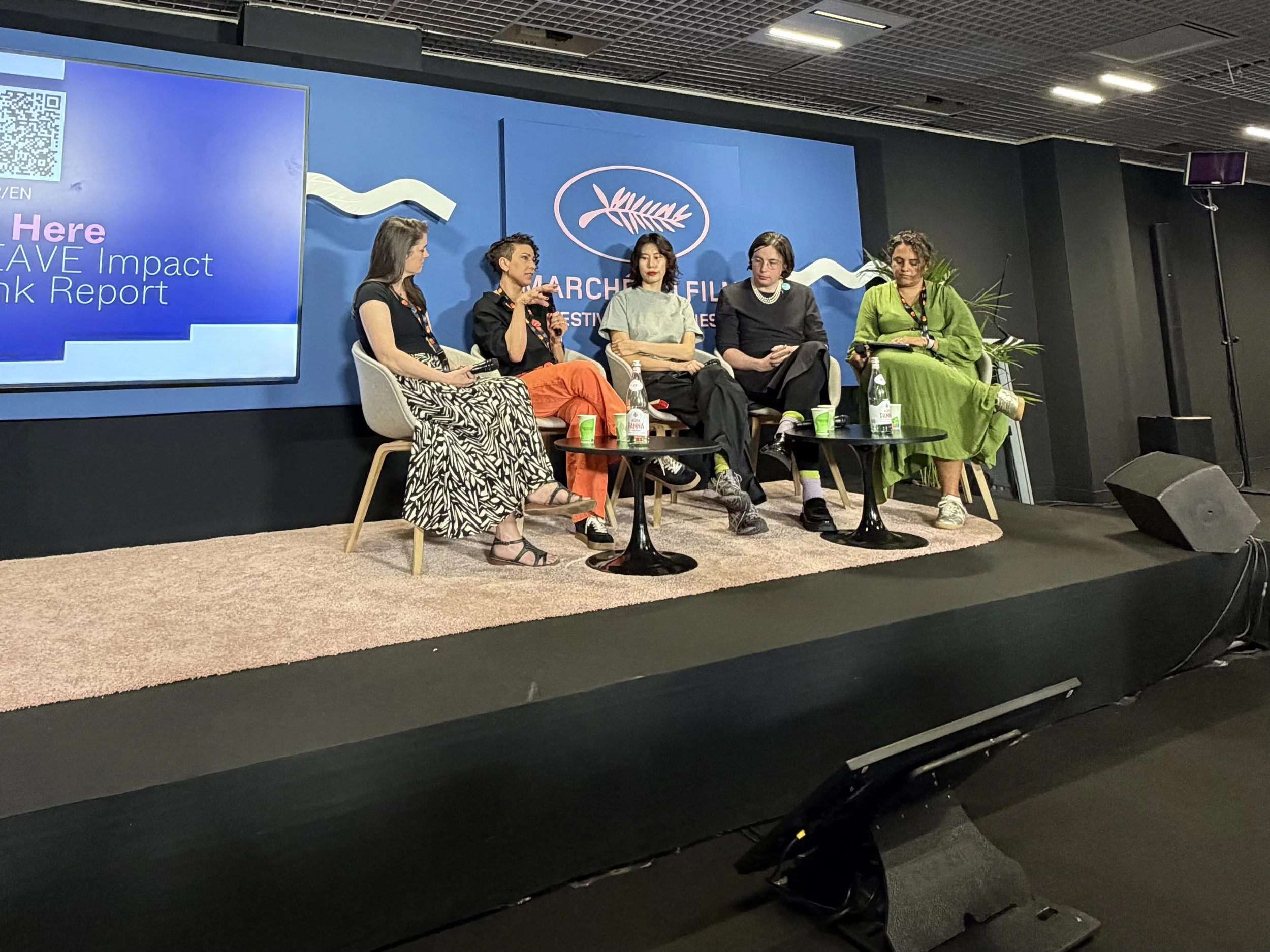 Five panelists seated on stage at the EAVE Think Tank panel on producer care and sustainable practice, with presentation screen visible