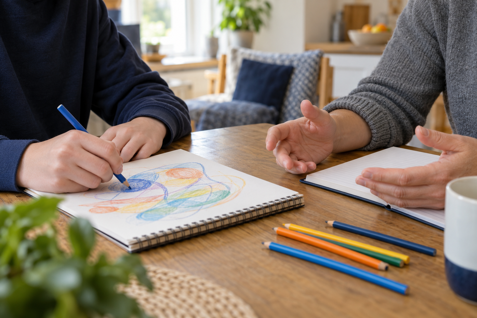 Two people at a wooden table, one drawing colorful scribbles in a notebook with a blue marker, the other with an open notebook, and colored pencils scattered on the table, in a well-lit kitchen.