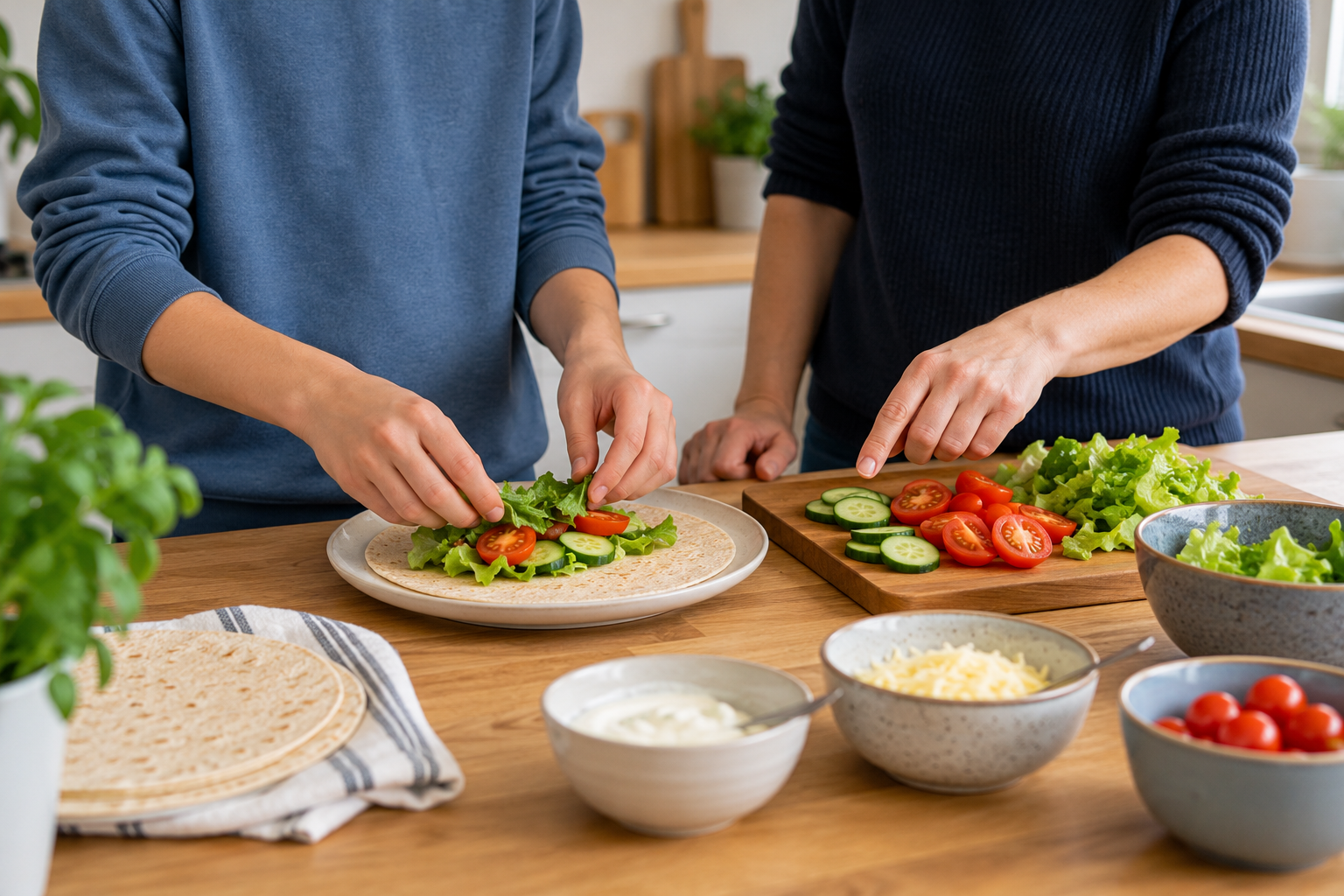 Two people preparing a vegetable wrap with sliced tomatoes, cucumbers, lettuce, and cheese on a wooden kitchen counter surrounded by bowls of vegetables and ingredients.