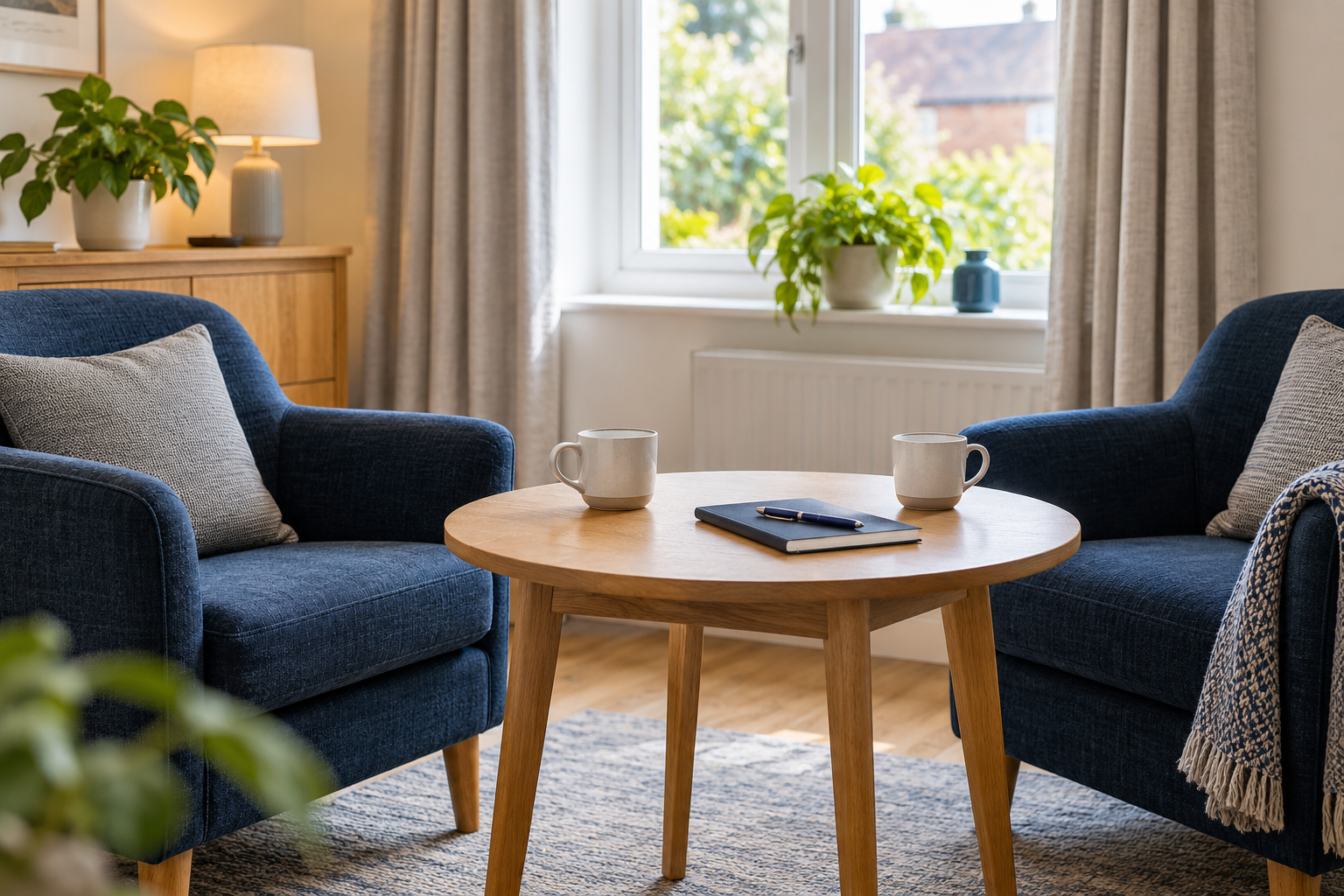A cozy living room with two blue armchairs, a wooden coffee table with two mugs, a notebook, and a pen. There is a window with beige curtains, a wooden sideboard with a lamp and plants, and a carpeted floor.