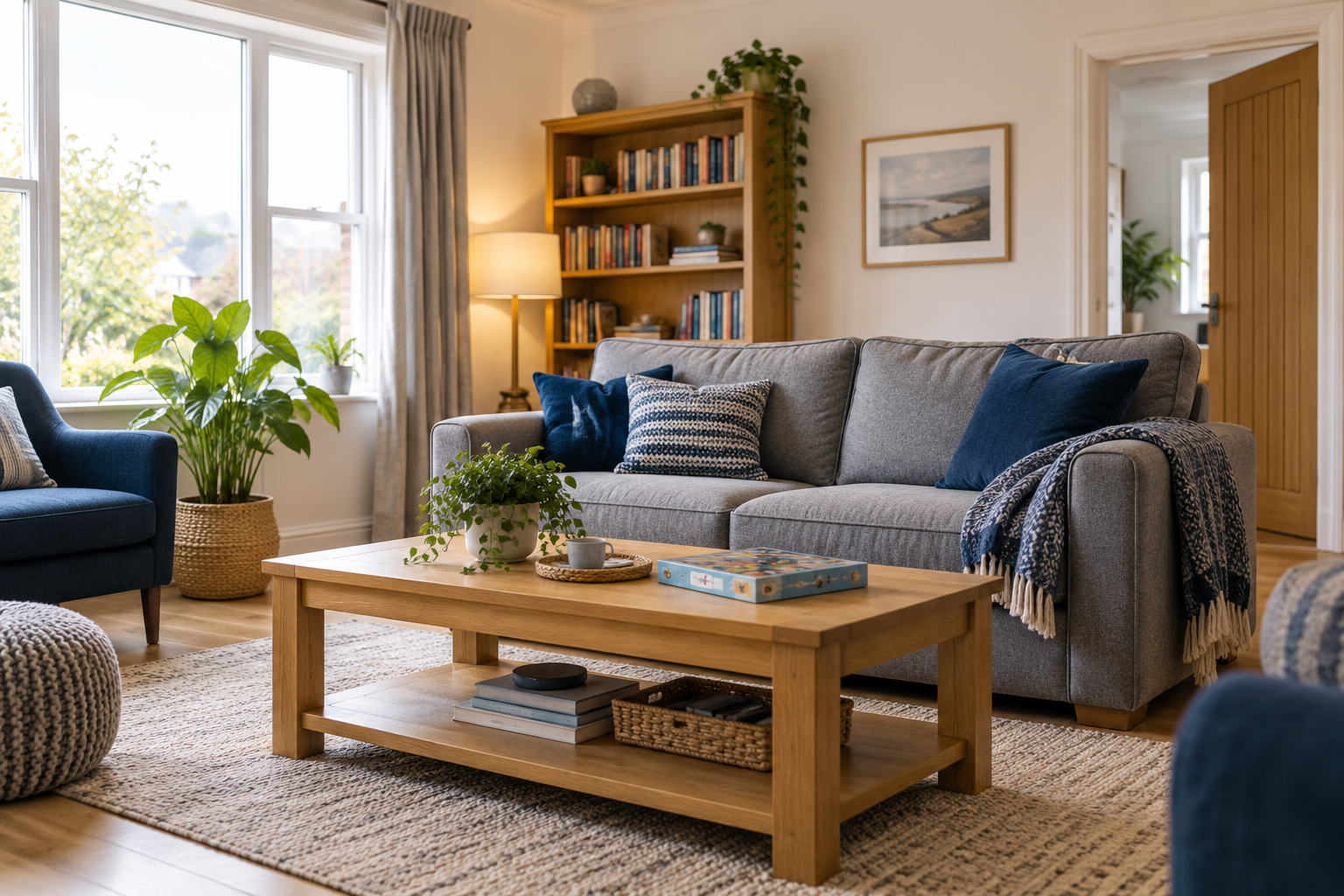 Living room with gray sofa, blue and patterned pillows, wooden coffee table with books and plants, large window with curtains, bookshelf, framed landscape picture, wooden door, and various houseplants.