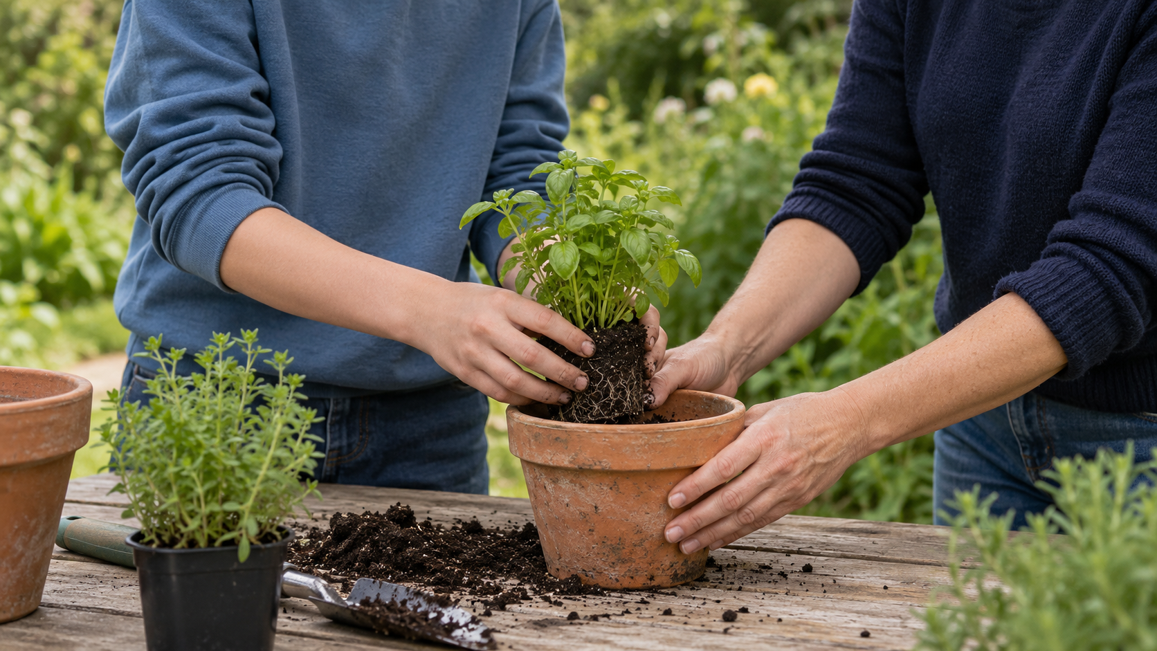 Two people transplant a green potted plant into a larger terracotta pot outdoors on a wooden table.