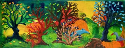 Landschaft mit blauem Tier, Acryl und Collage auf Leinwand, 20 x 50 cm, 190 Euro