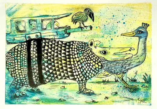 Gürteltier, Fineliner und Acryl auf Papier, 14,8 x 21 cm inkl. weißer Rand, 130 Euro