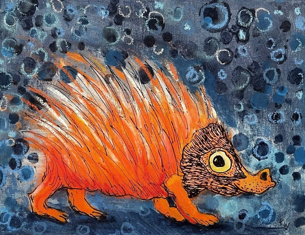 Roter Igel, Mixed Media auf Leinwandpappe, 18 *25 cm, verkauft