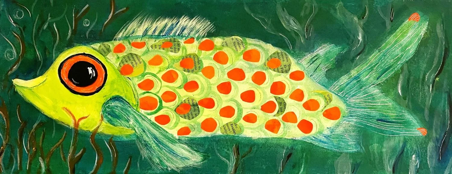 Gelber Fisch, Acryl, Collage, Ölpastell auf Leinwand, 20x50 cm, 180 Euro