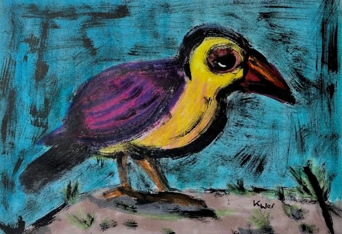 Trauriger Vogel, Acryl auf Papier,, 19*25 cm, 110 Euro