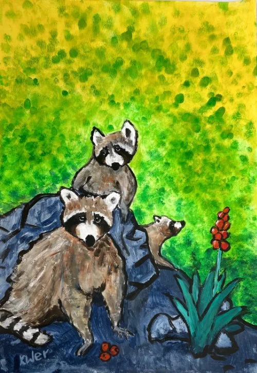 Drei Waschbären, Acryl auf Papier, 42x 29,5 cm, 210 Euro