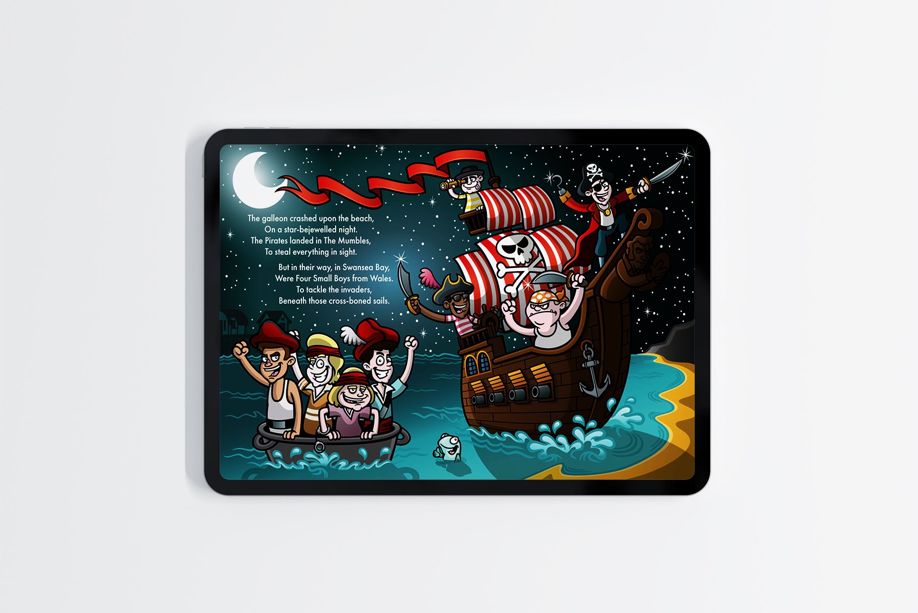 A colorful cartoon illustration of pirates on a ship under a starry night sky, with a moon, ocean waves, and a small boat with four children in pirate costumes, along with a poem about pirates.