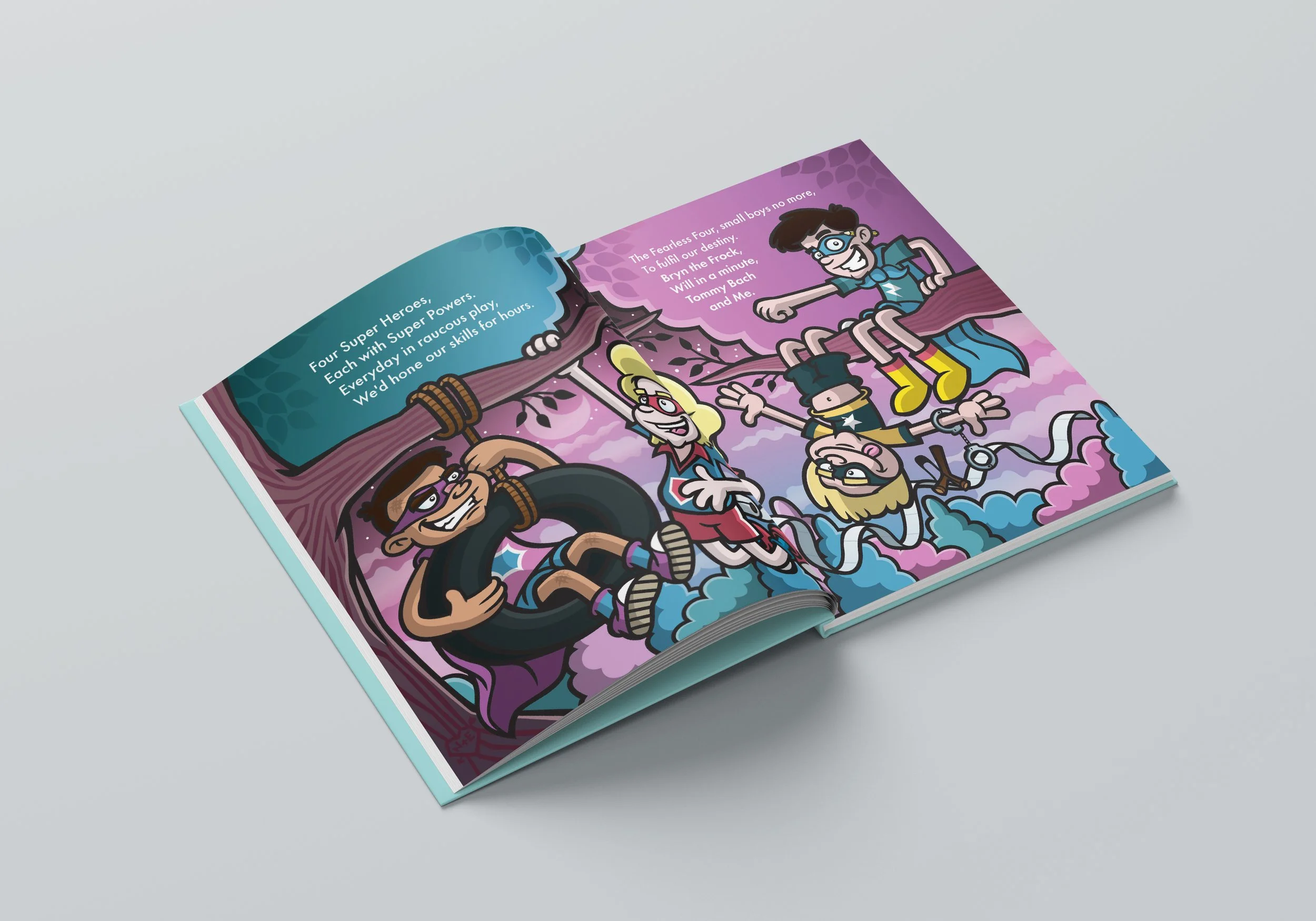 Open illustrated children's book featuring four colorful cartoon characters on a swing among clouds, with a sky background. One character is a boy holding a tire, another is a girl with blonde hair, and two others are dressed in superhero costumes, a