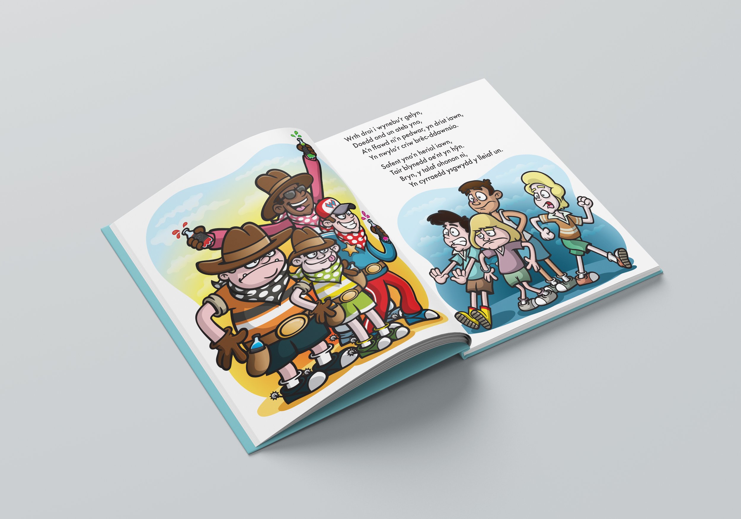 Colorful cartoon illustration of children dressed as cowboys and cowgirls, some looking upset and some smiling, on an open book with text on the right page.