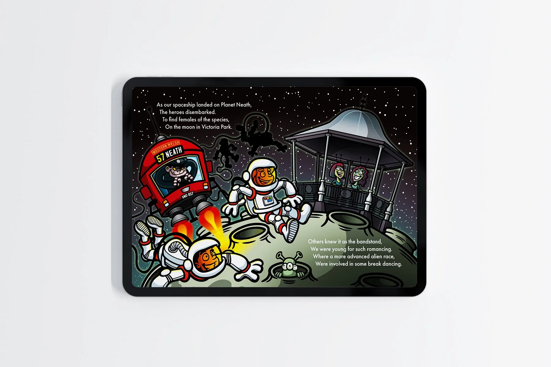 Cartoon of astronauts and aliens on the moon, with a spaceship landing, a bandstand with alien characters, and a starry space background, accompanied by a poem about the moon landing.