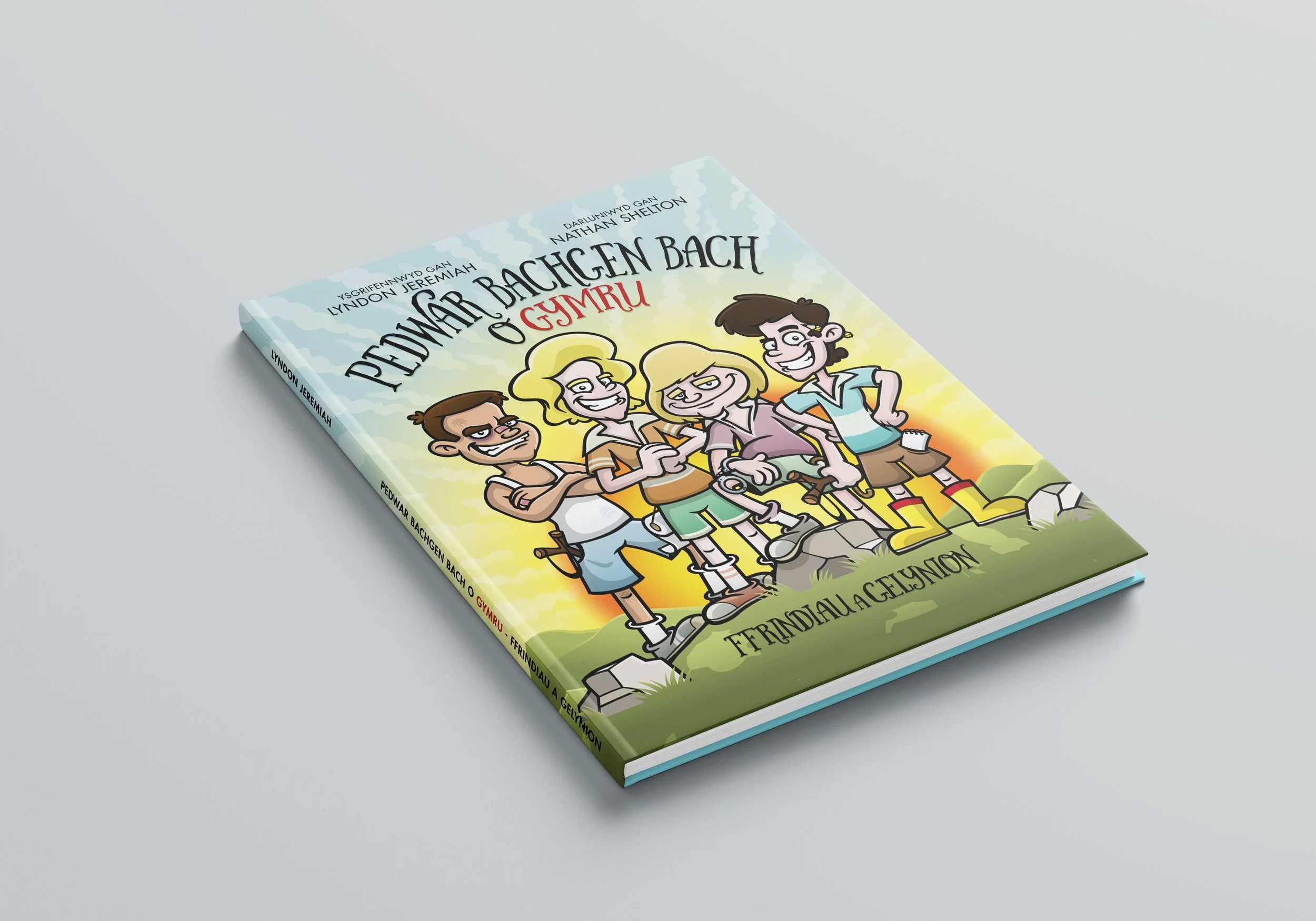 Book titled 'Pewtor Bachgen Bach o Gymru' with a cartoon illustration of four children standing on rocks outdoors against a sunset background.