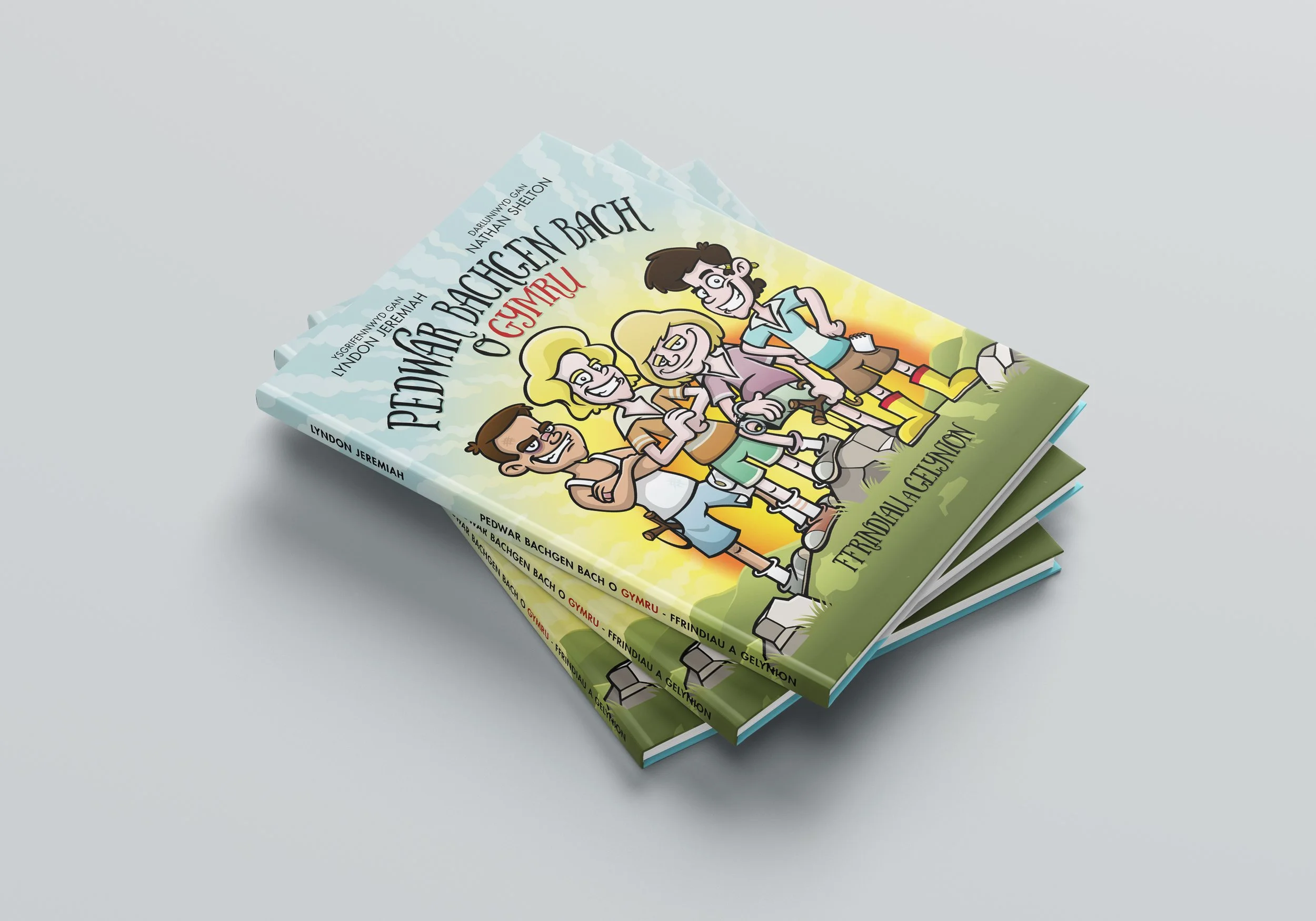A stack of illustrated books titled "Pedwar Bachgen Bach o Gymru" by Fernanda Gelynion, featuring cartoon characters of children with headphones and backpacks on the cover.