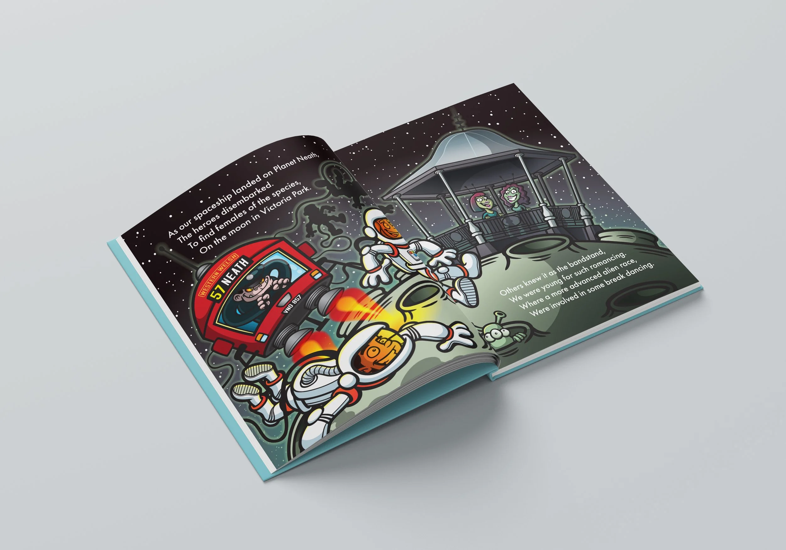 Colorful illustrated children's storybook page showing astronauts, a spaceship labeled '51 NEATH,' a robot and a moon scene with aliens and a bandstand, under a starry sky.