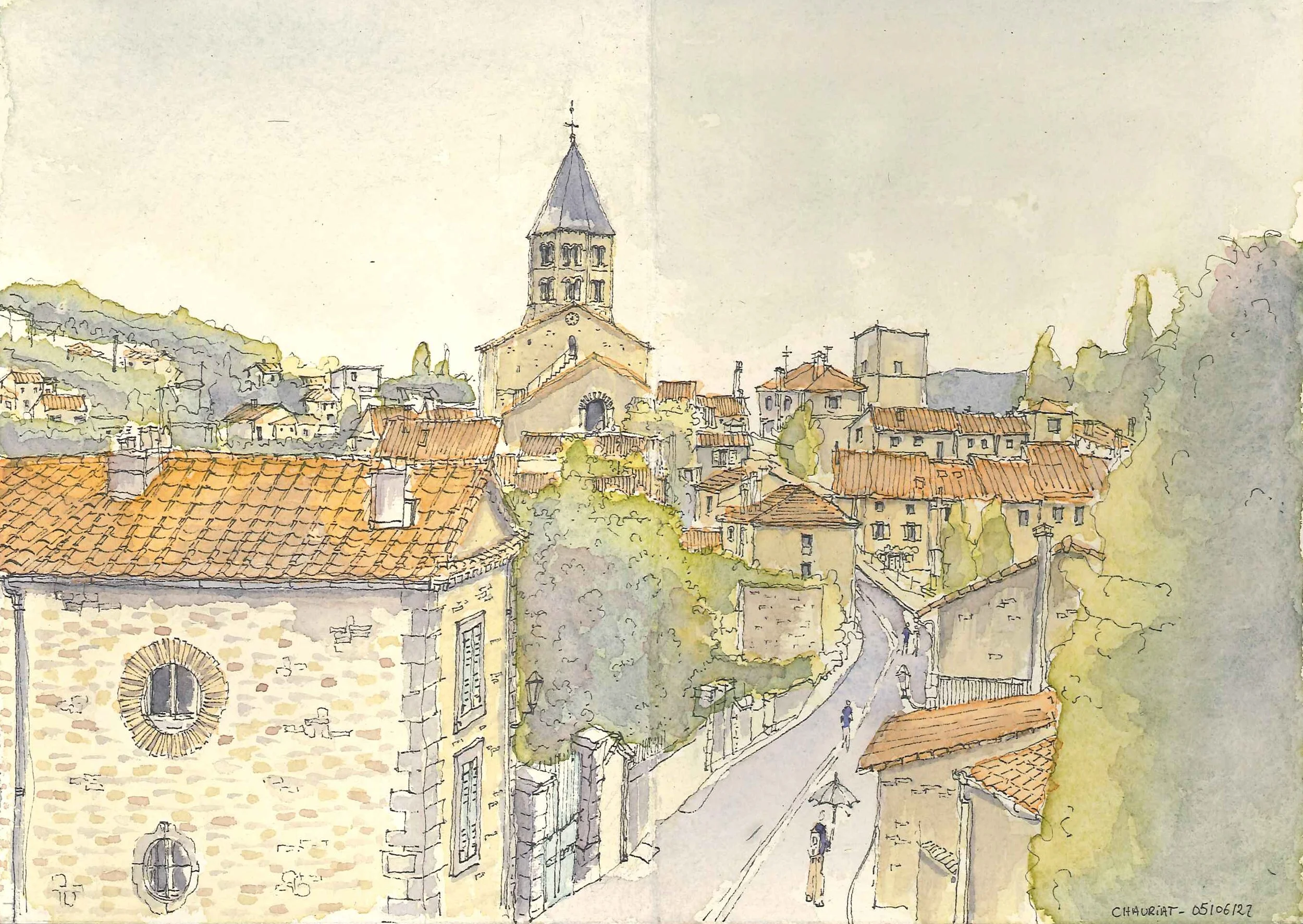 Timothé Girard - Carnet d'aquarelle - Le centre bourg de chauriat - Abécedaire du voyage à velo.jpg