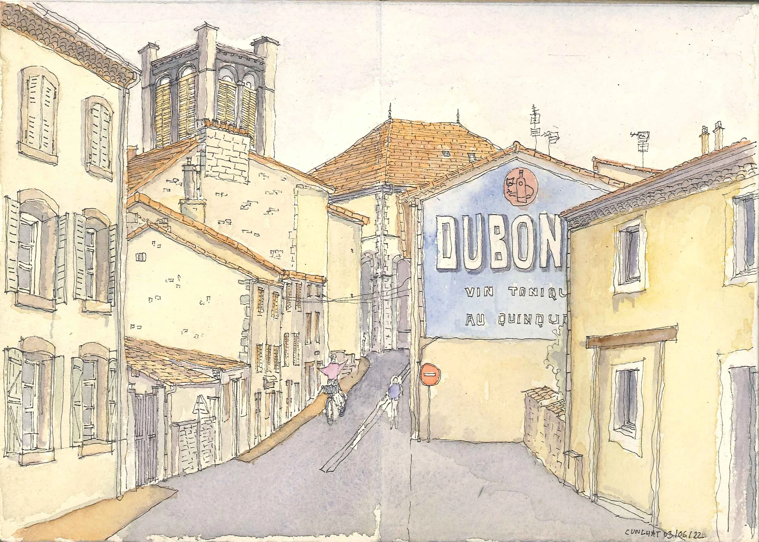 Timothé Girard - Carnet d'aquarelle - Le centre bourg de Cunlhat - Abécedaire du voyage à velo.jpg