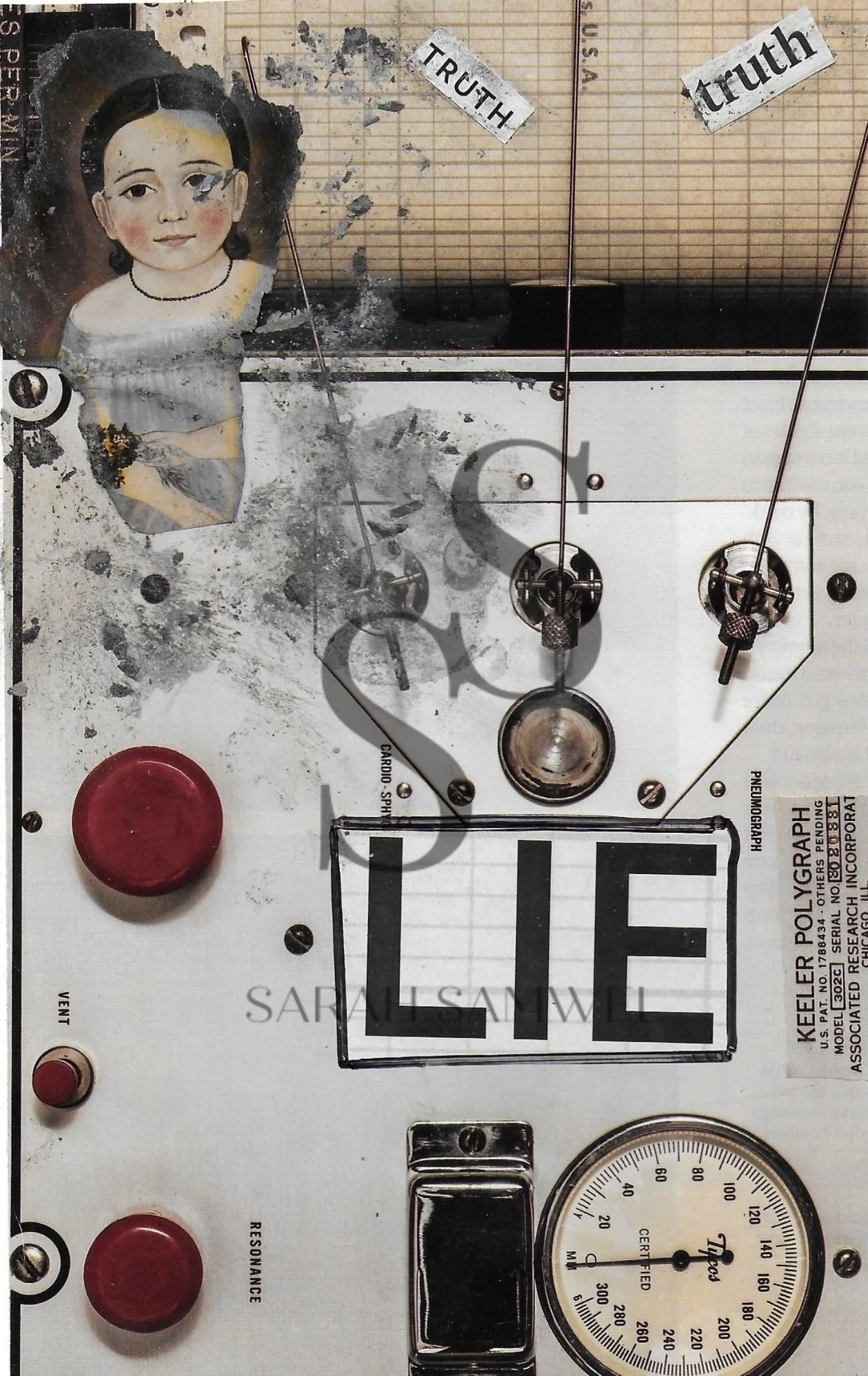 A polygraph machine with soot and a burned image of a girl, the word lie is featured prominently