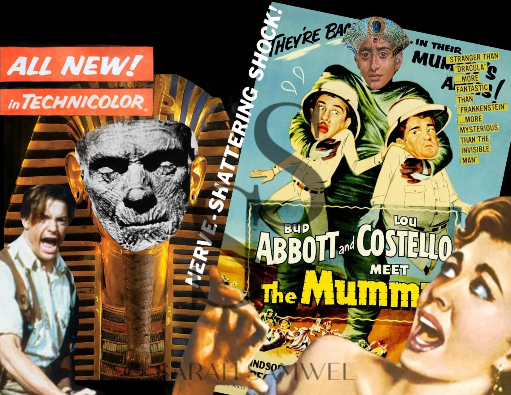 A collage artwork exploring the misperception of Egyptian mummies as monsters