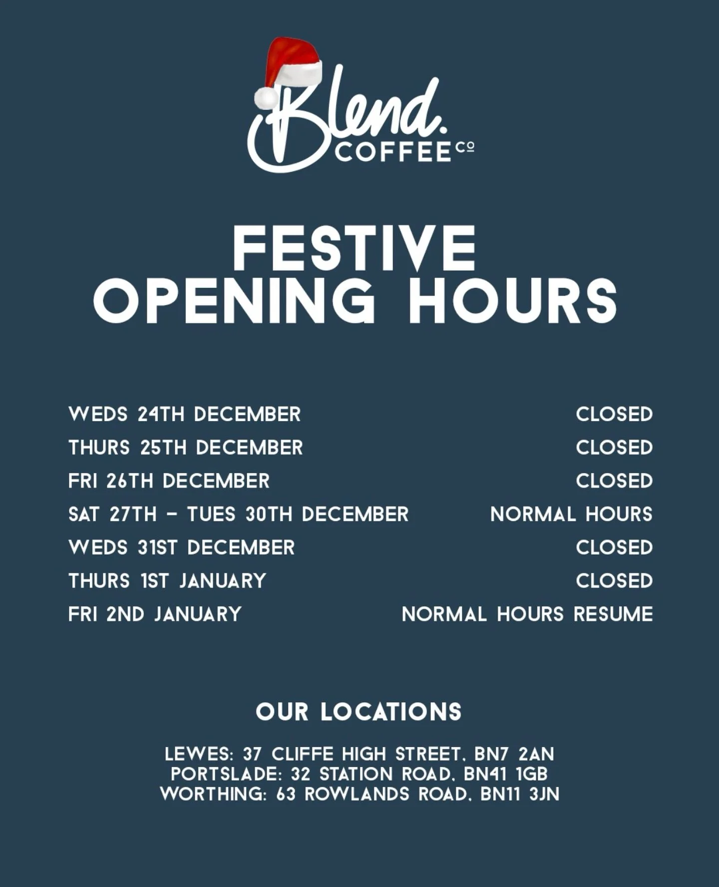 🎄 Blend Coffee Co. Festive Opening Times! 🎄 

With the exception of a few days over Christmas and New Year for the team to recharge and spend some time with loved ones, all our stores will be open to keep you caffeinated throughout the holiday peri