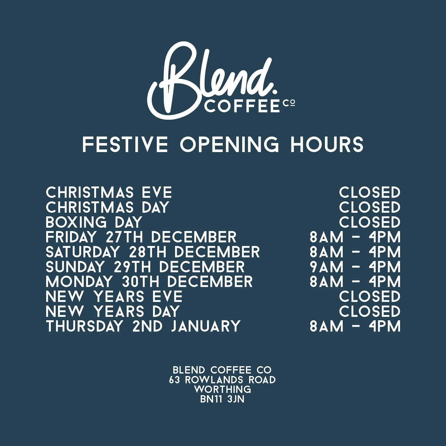 🎄 Worthing Festive Opening Times! 🎄 

With the exception of a few days over Christmas and New Year for the team to recharge and spend some time with loved ones, our Portslade store will be open to keep you caffeinated throughout the holiday period!