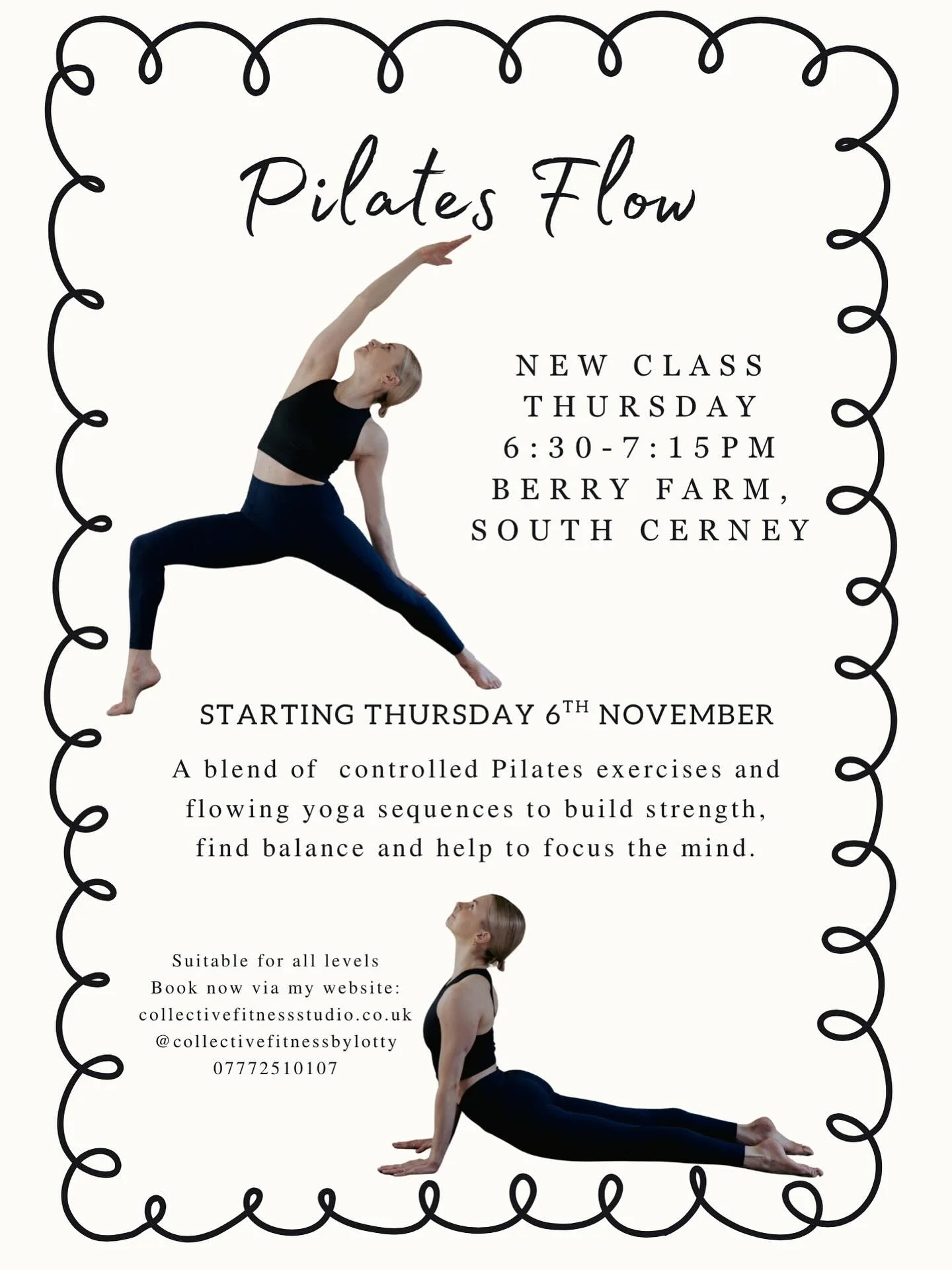 ✨ Pilates Flow at @berryfarmcotswolds, South Cerney✨
Join me every Thursday evening for a 45-minute energising Pilates Flow. This class is a blend of strengthening Pilates exercises and flowing yoga-inspired movement, suitable for all levels.

🧘&zwj