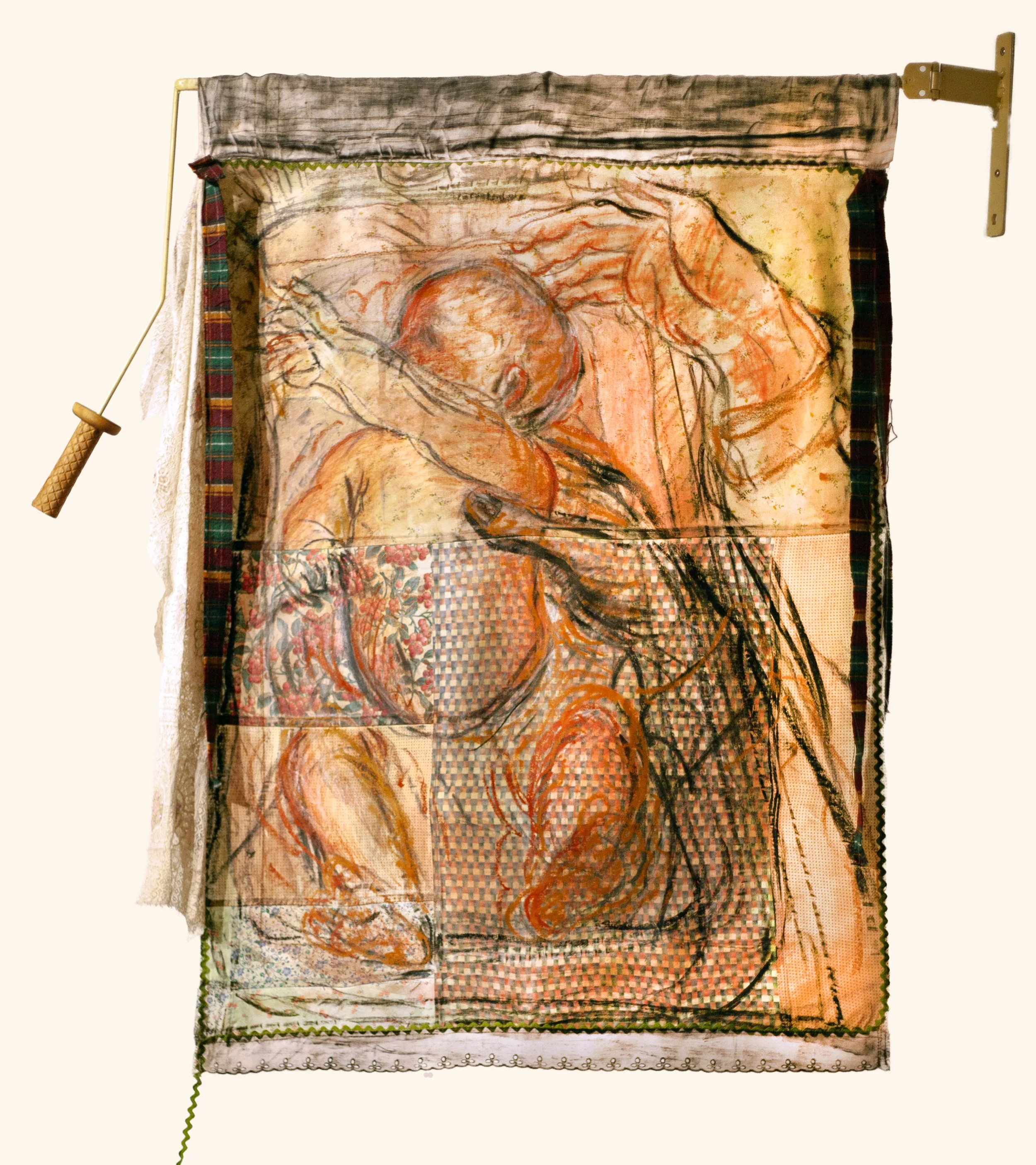 Basin Baby		
Rachel Dorsey	
Charcoal, conte crayon, walnut ink, turmeric ink, acrylic ink, extra heavy molding paste, fabric scraps, lace trim, cotton rickrack, thread
~43" x 36.5" x 4"	
109 x 93 x 10 cm	
2025