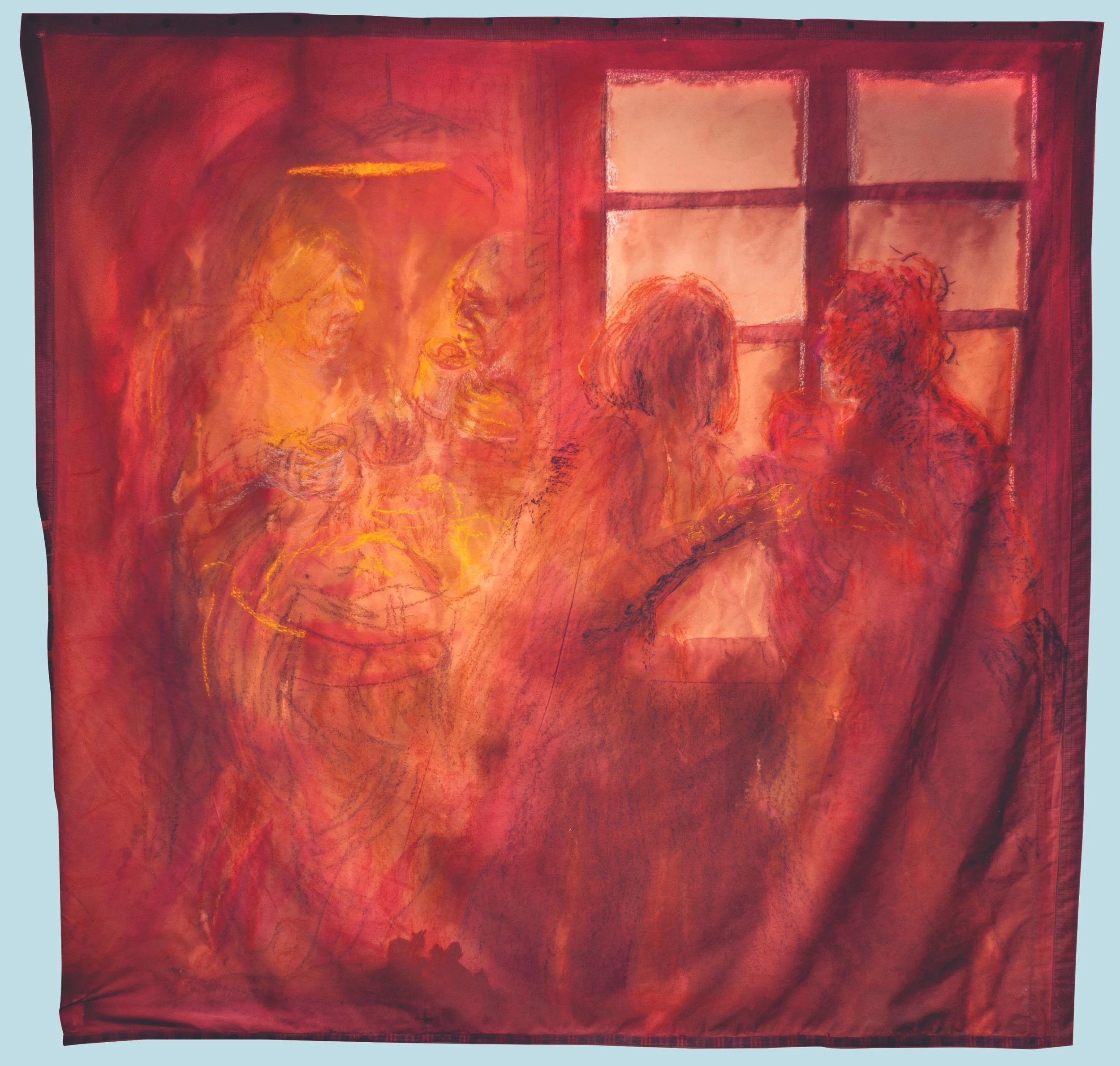 Shift Change
Rachel Dorsey	
Charcoal, conte crayon, natural dyes (black bean, madder, black tea, rosemary, indigo), walnut ink, turmeric ink, acrylic ink, oil stick, extra heavy molding paste, fabric scraps (hand-me-down table linens), wool scraps, d