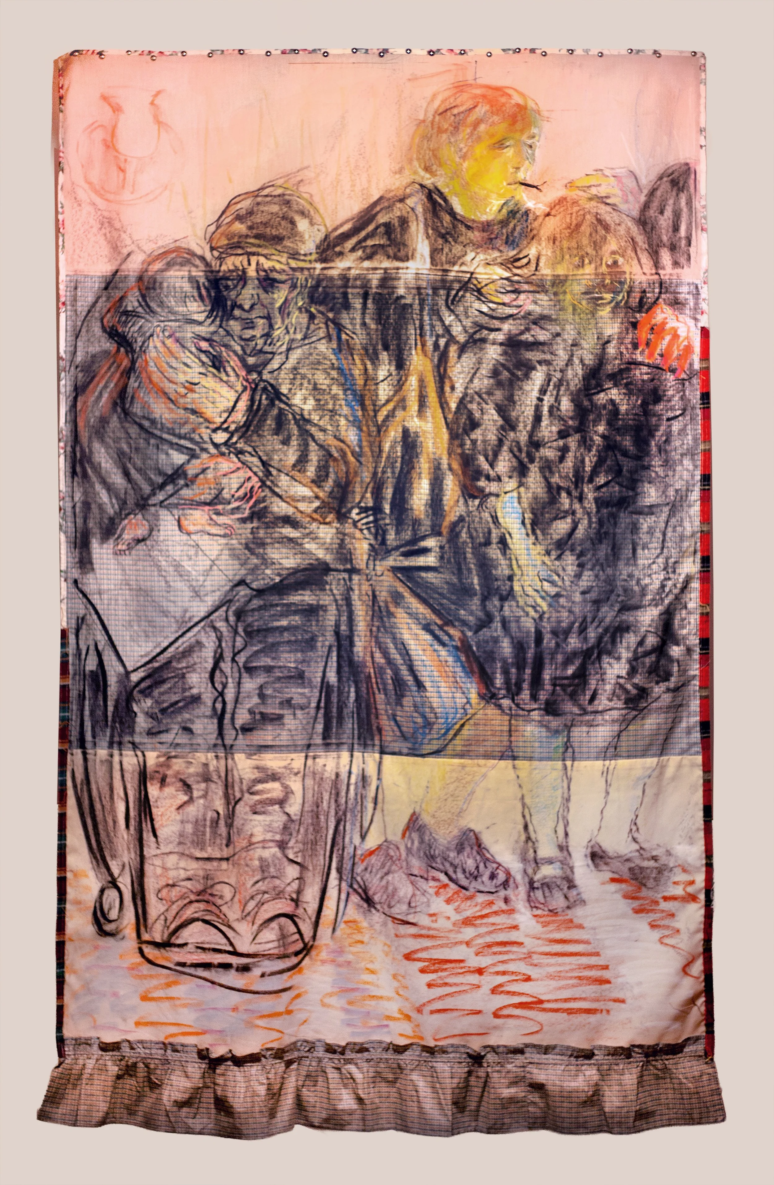 Welcome Procession
Rachel Dorsey	
Charcoal, conte crayon, natural dyes (black bean, madder, black tea, rosemary, indigo), walnut ink, turmeric ink, acrylic ink, oil stick, extra heavy molding paste, fabric scraps (hand-me-down table linens), wool scr