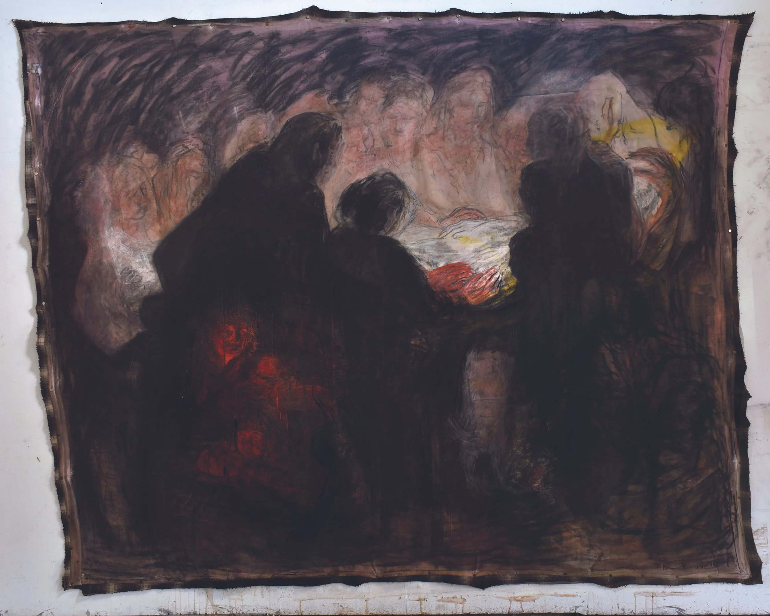 Attendant 
(for MVK and MJK)
Charcoal, conte crayon, walnut ink, turmeric ink, acrylic ink, black bean dye, extra heavy molding paste, oil stick, upholstery thread, fabric scraps, wool scraps, darning thread, small sticks
87.5" x 105" x ~3"