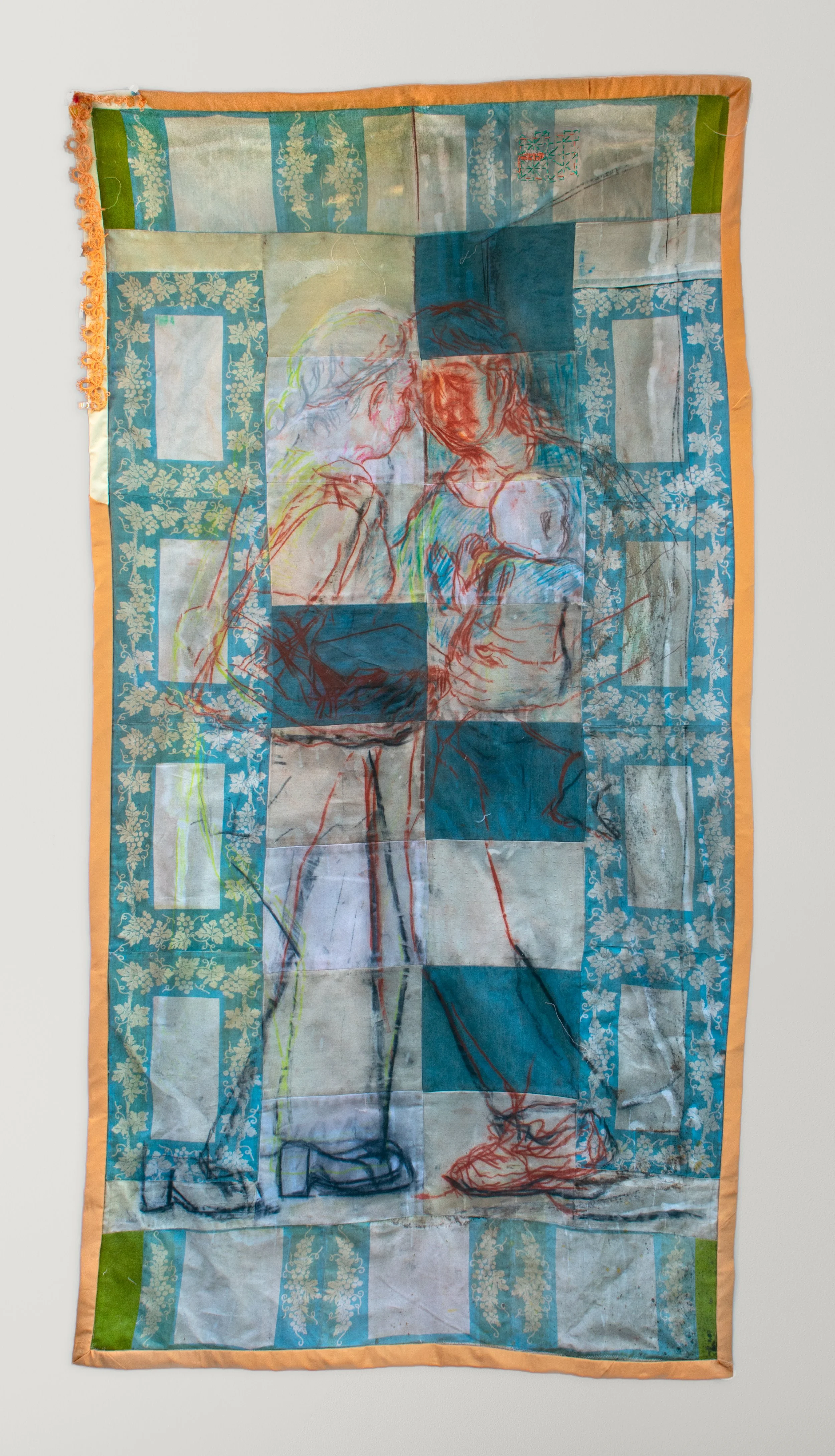 Three's Company, Two's a Crowd 
(after Albertinelli)	
Rachel Dorsey	
Charcoal, conte crayon, natural dyes (black bean, madder, black tea, rosemary, indigo), walnut ink, turmeric ink, acrylic ink, oil stick, extra heavy molding paste, giften heirloom 