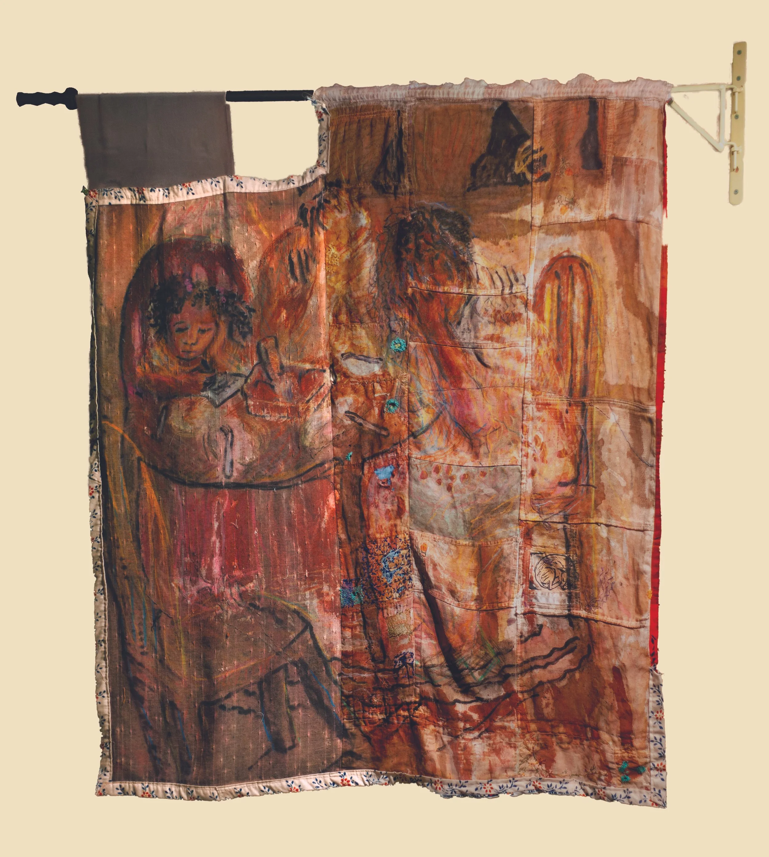 In Memory Of (Dropping By)
Rachel Dorsey	
Charcoal, conte crayon, natural dyes (black bean, madder, black tea, rosemary, indigo), walnut ink, turmeric ink, acrylic ink, oil stick, extra heavy molding paste, fabric scraps (hand-me-down table linens), 