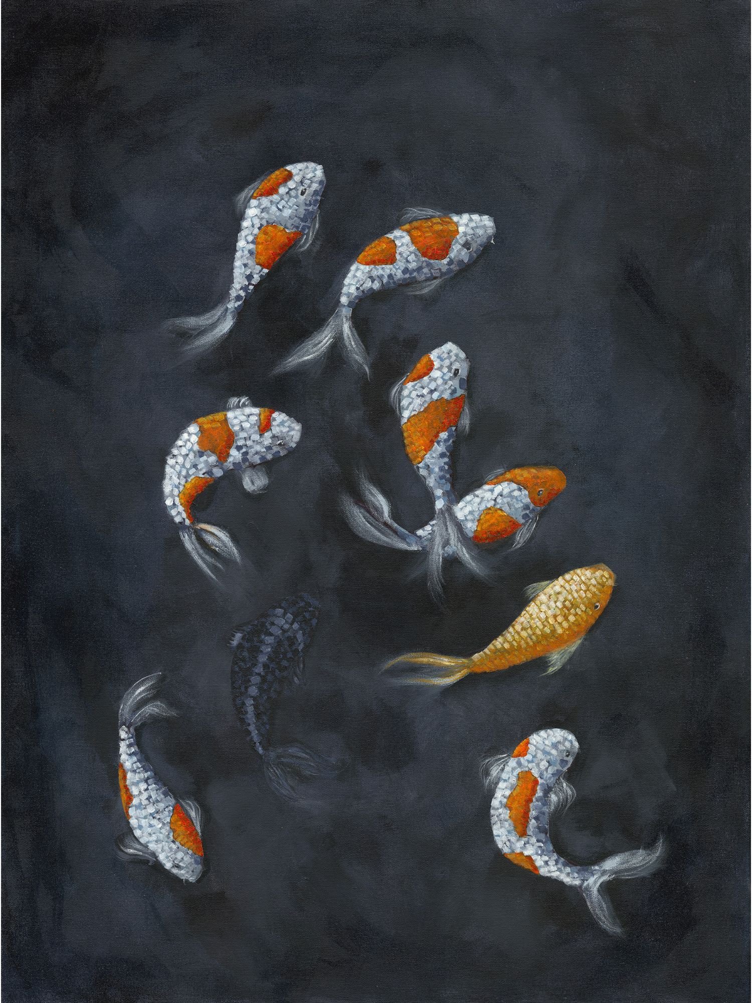 feng shui painting of nine koi fish on a dark background