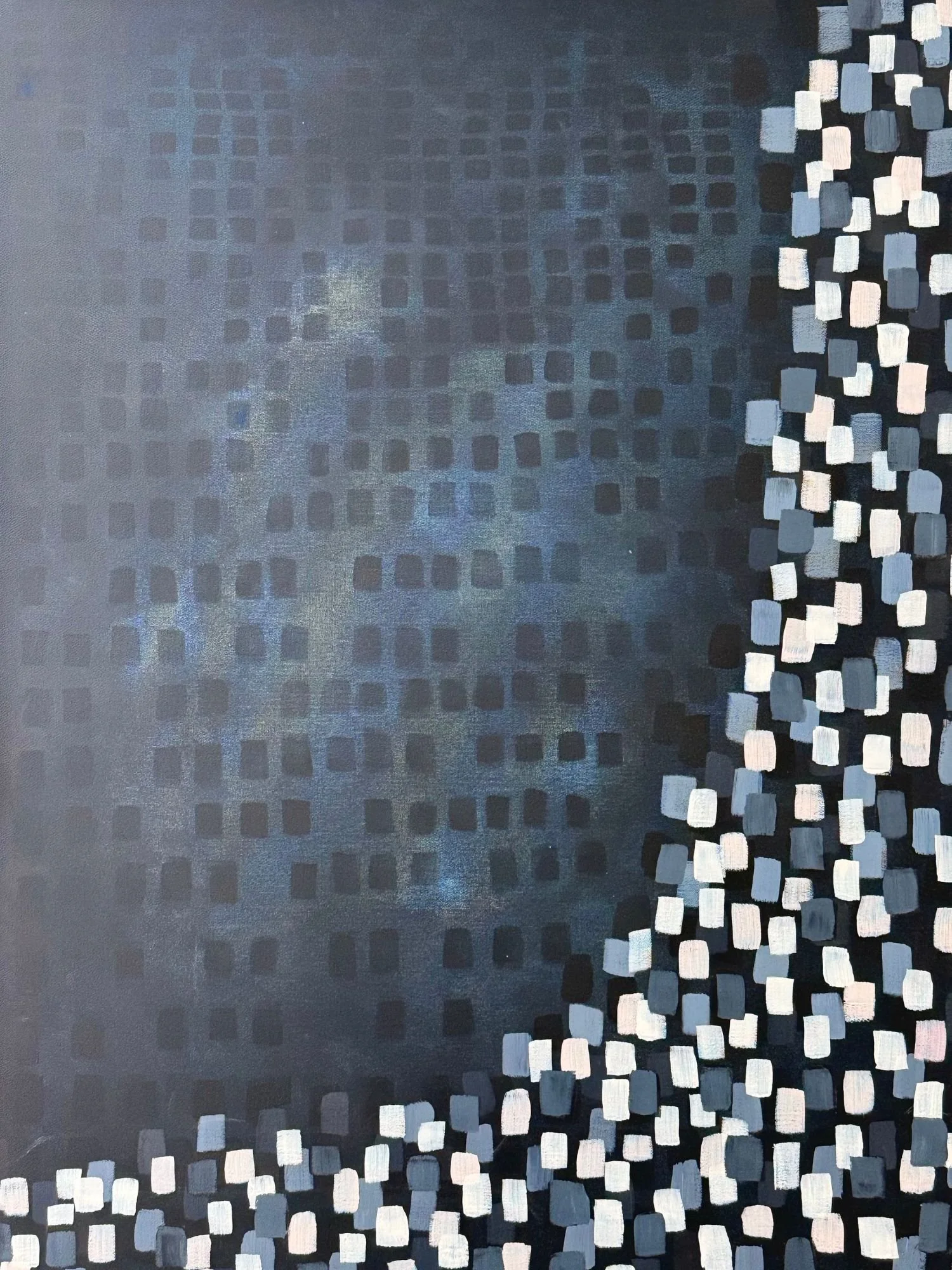 Abstract painting with a dark, grid-patterned background fading into a lighter area, and a section of white and gray rectangular shapes on the right side. The painting represents words in a journal that are transforming as the writer is healing.