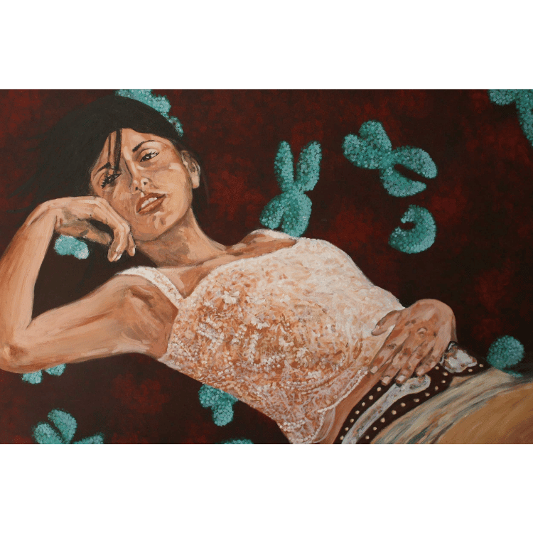 painting of a woman lying down wearing a beautiful lace top