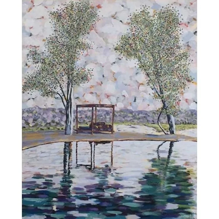A painting of two trees and a swing near a body of water, with colorful reflections on the water and a cloudy sky. Painted in an impressionist style by the artist Leah East
